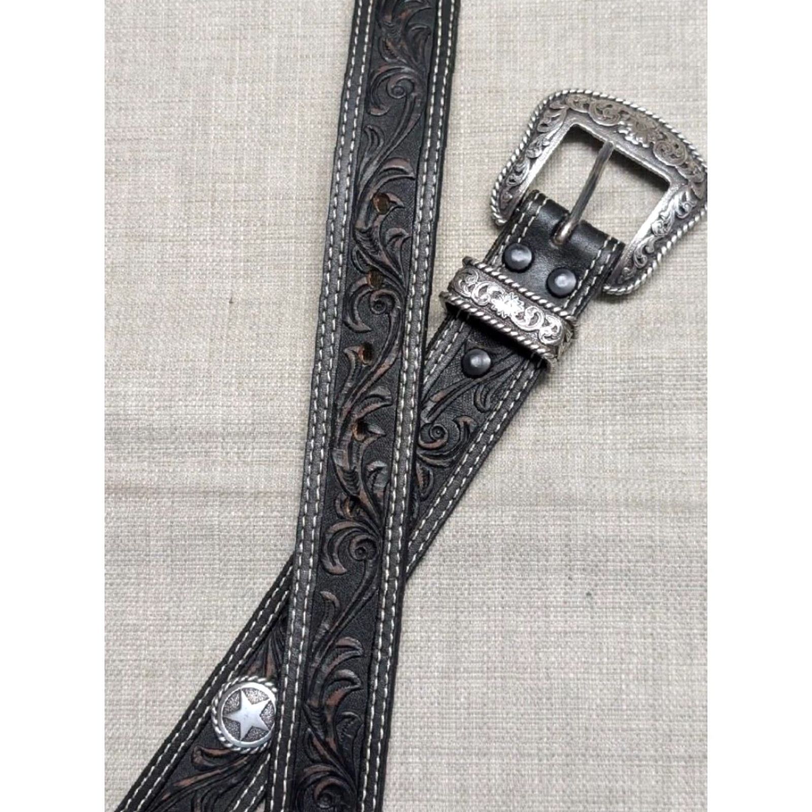 Vintage VINTAGE Nocona belt Western Leather 1-1/2" Buckle Concho Tooled 46 Men USA Brown Leather Western Belt Mens 46 TX Lone Star Concho Tooled 90s Size 46 - 5 Thumbnail