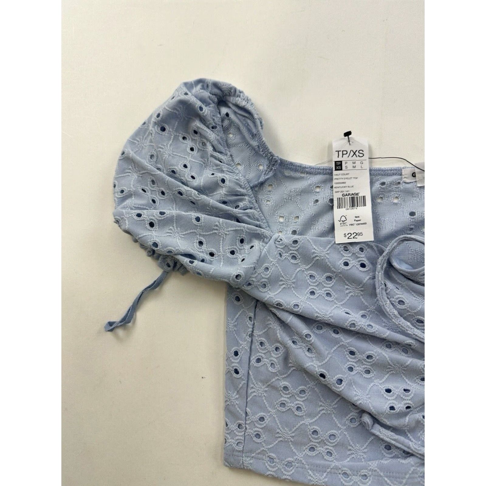 Garage Garage Womens XS Blue Crop Top Embroidered Eyelet Lace Up Short Sleeve, Regular Fit, Cropped Blouse, Spring Summer, Ladies, US Size XS / US 0-2 / IT 36-38 - 3 Thumbnail