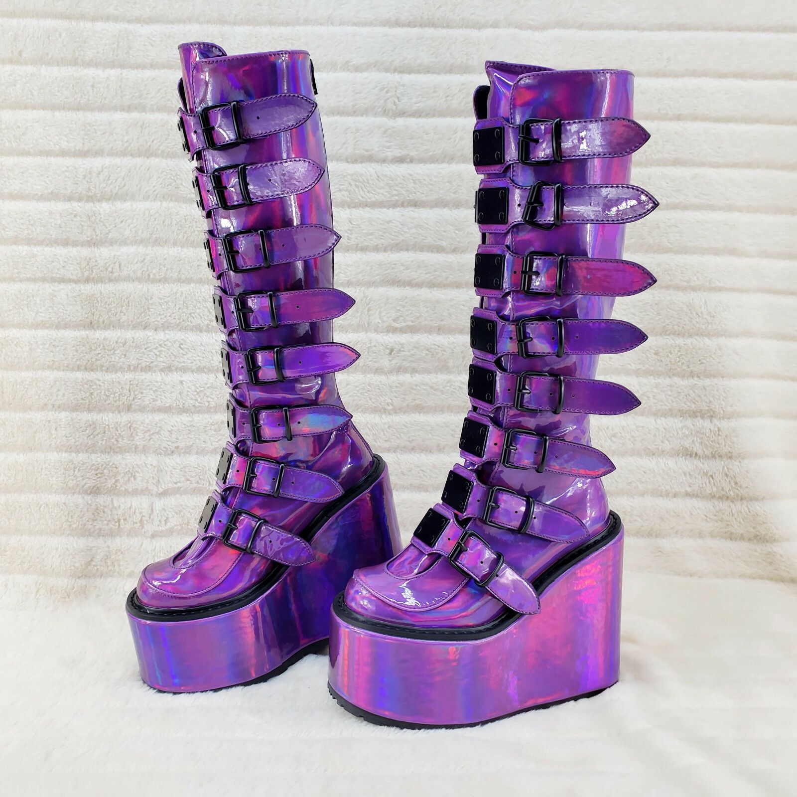Demonia Cult DEMONIA Swing 815 Purple hologram Goth Punk Knee Boot 5.5" P Size US 6 / IT 36 - 2 Thumbnail