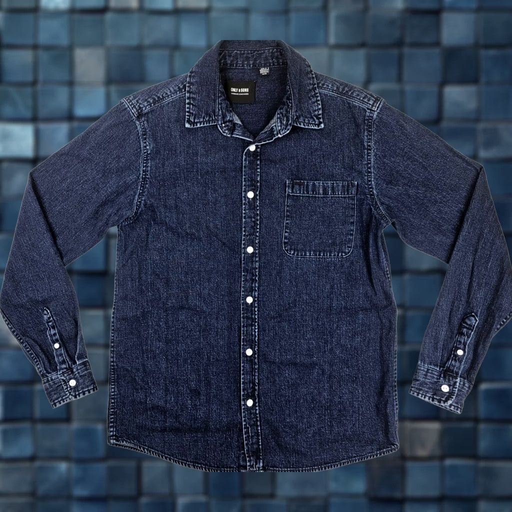 ONLY & SONS ONLY & SONS Denim Button-Up Shirt Men M Dark Wash Blue Shacket Casual Work Long Sleeve 40 in Chest Solid Cotton Button Front Front-Button Casual Mens Size US M / EU 48-50 / 2 - 1 Thumbnail