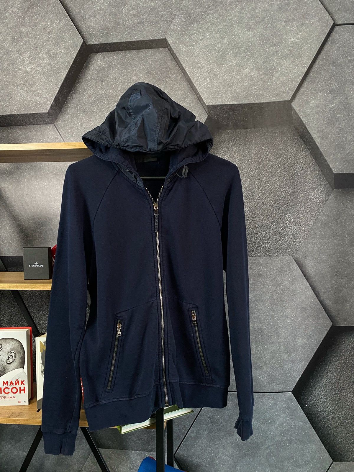 image of Prada Black Zip Hoodie Nylon Hood Red Tab Logo, Men's (Size Small)