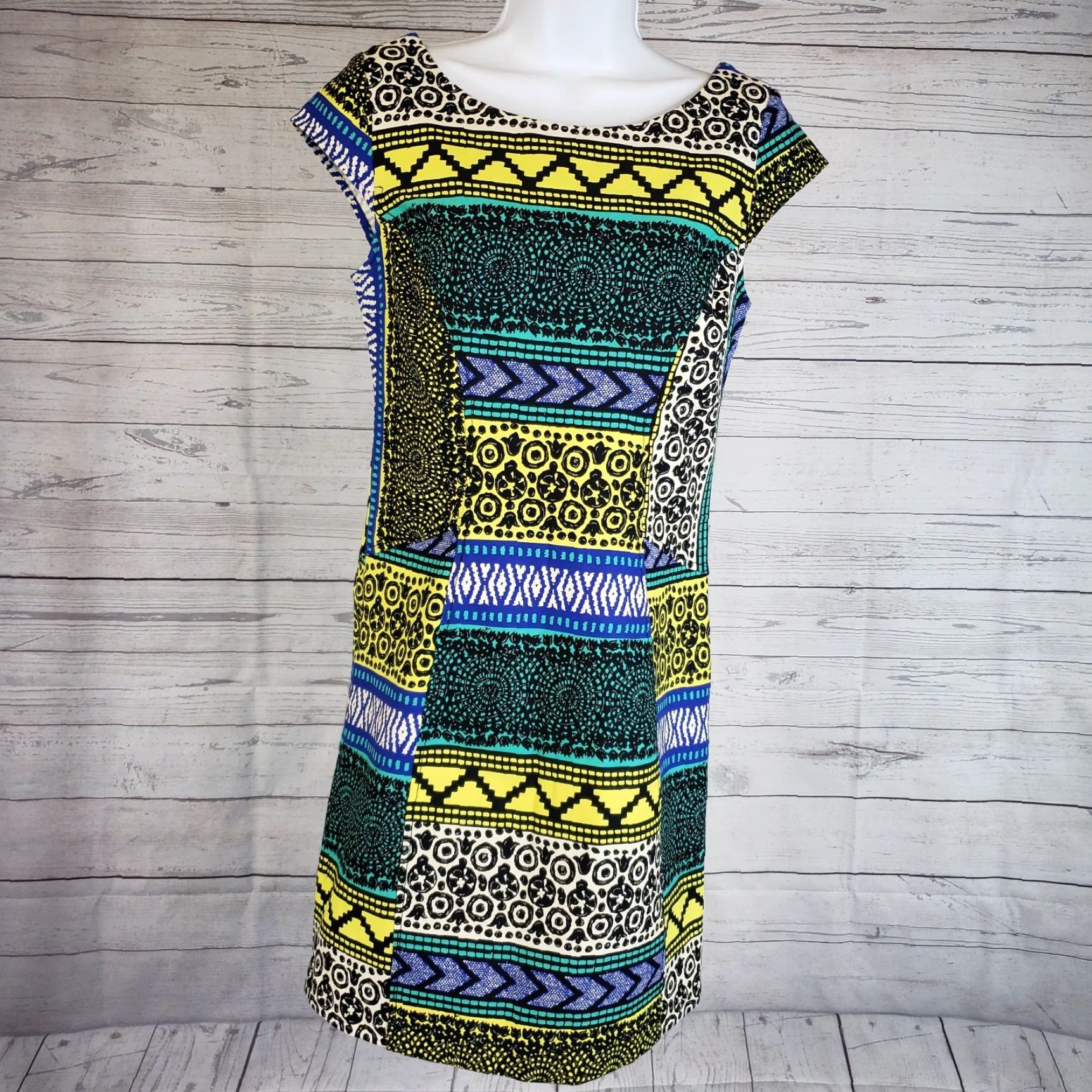 Vintage Plenty by Tracy Reese Womens Directional Shift Dress Sz 4 Stripes Yellow Cap Sleeve Knee Length Cotton Blend Size S / US 4 / IT 40 - 2 Thumbnail