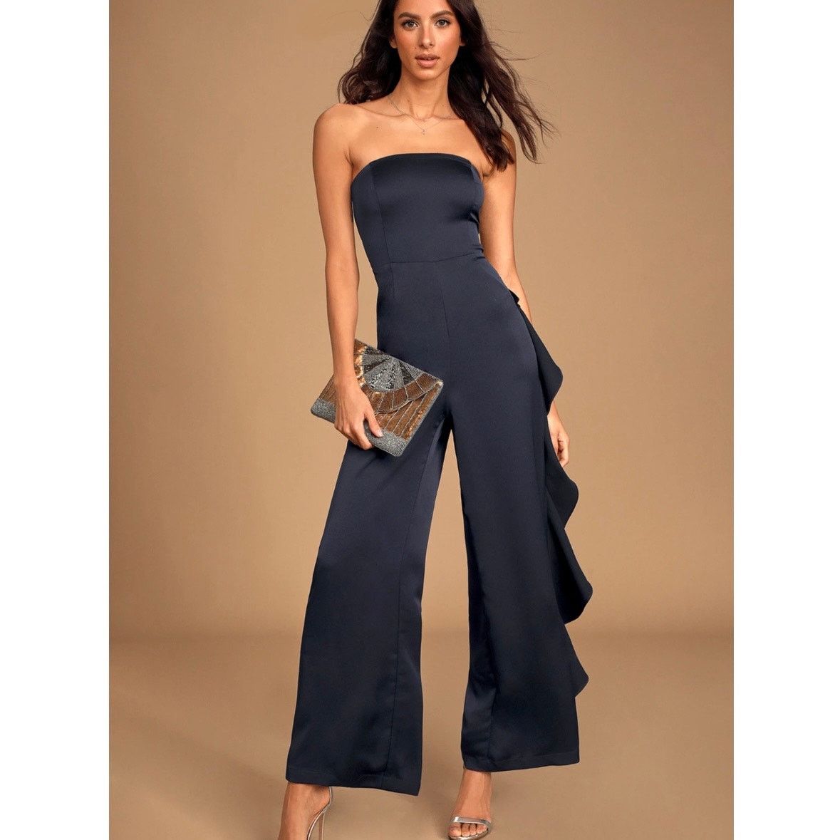 Other Cascading Love Navy Blue Strapless Ruffled Wide-Leg Jumpsuit Size 30" / US 8 / IT 44 - 1 Thumbnail