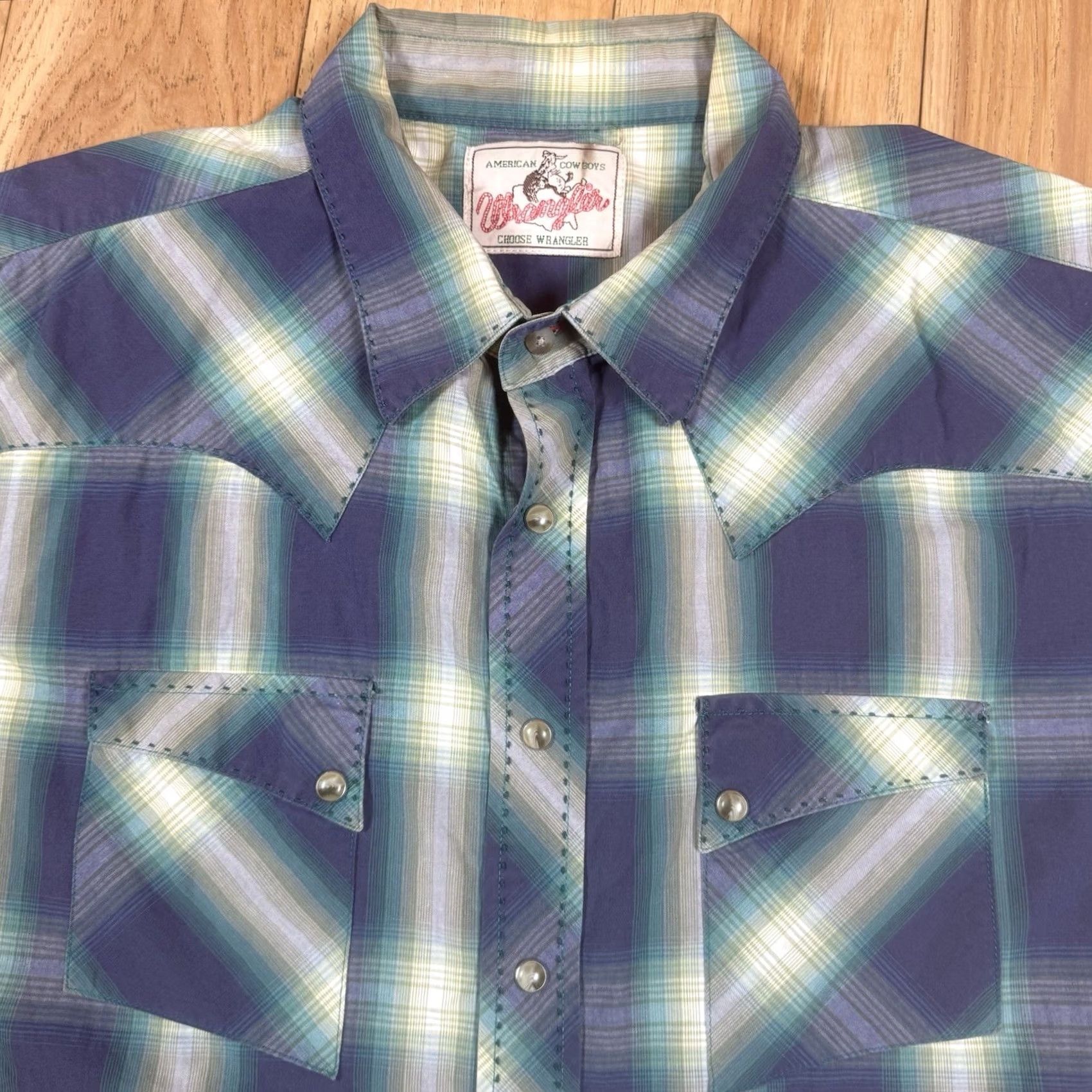 Wrangler VINTAGE Wrangler Shirt Mens Large Blue Green Plaid Pearl Snap Button-Down 80s Western Cowboy Retro Size US L / EU 52-54 / 3 - 3 Thumbnail