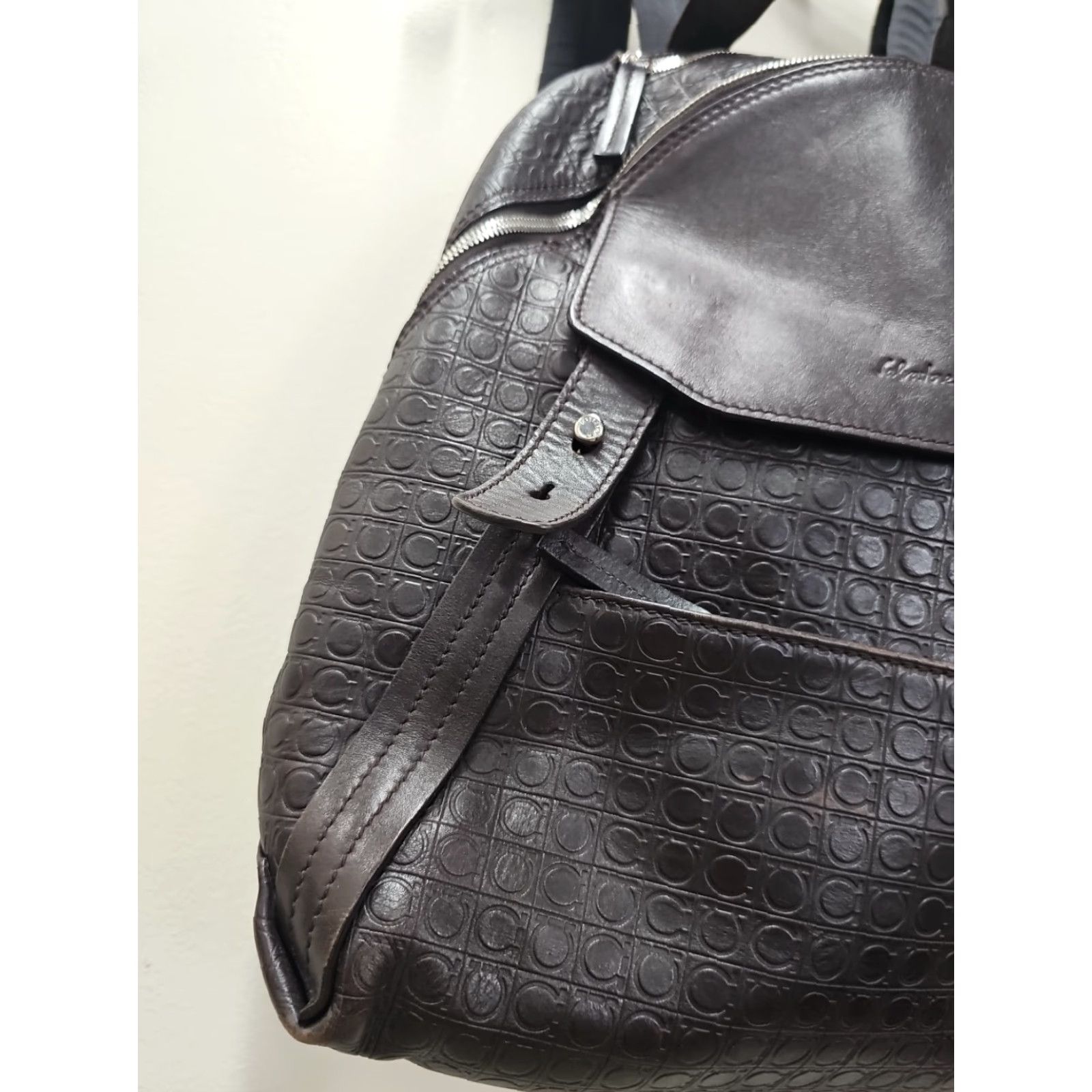 Salvatore Ferragamo Salvatore Ferragamo Backpack Leather Embossed All Over Pattern Black Men Backpack Pockets 2 Distressed Leather Size ONE SIZE - 2 Thumbnail