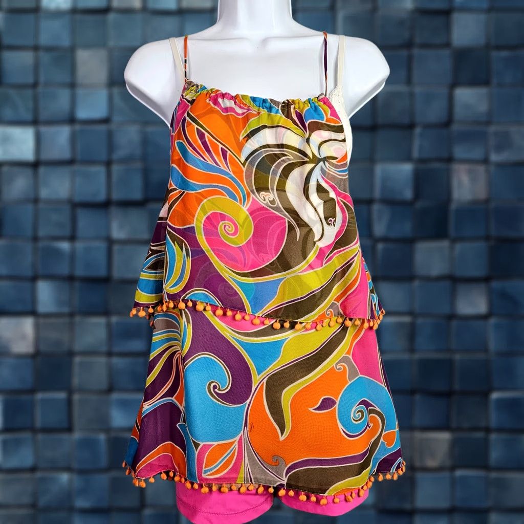 Trina Turk Trina Turk Women's XS Silk Colorful Psychedelic Cami Top Pom Pom Trim Lined Size XS / US 0-2 / IT 36-38 - 1 Thumbnail