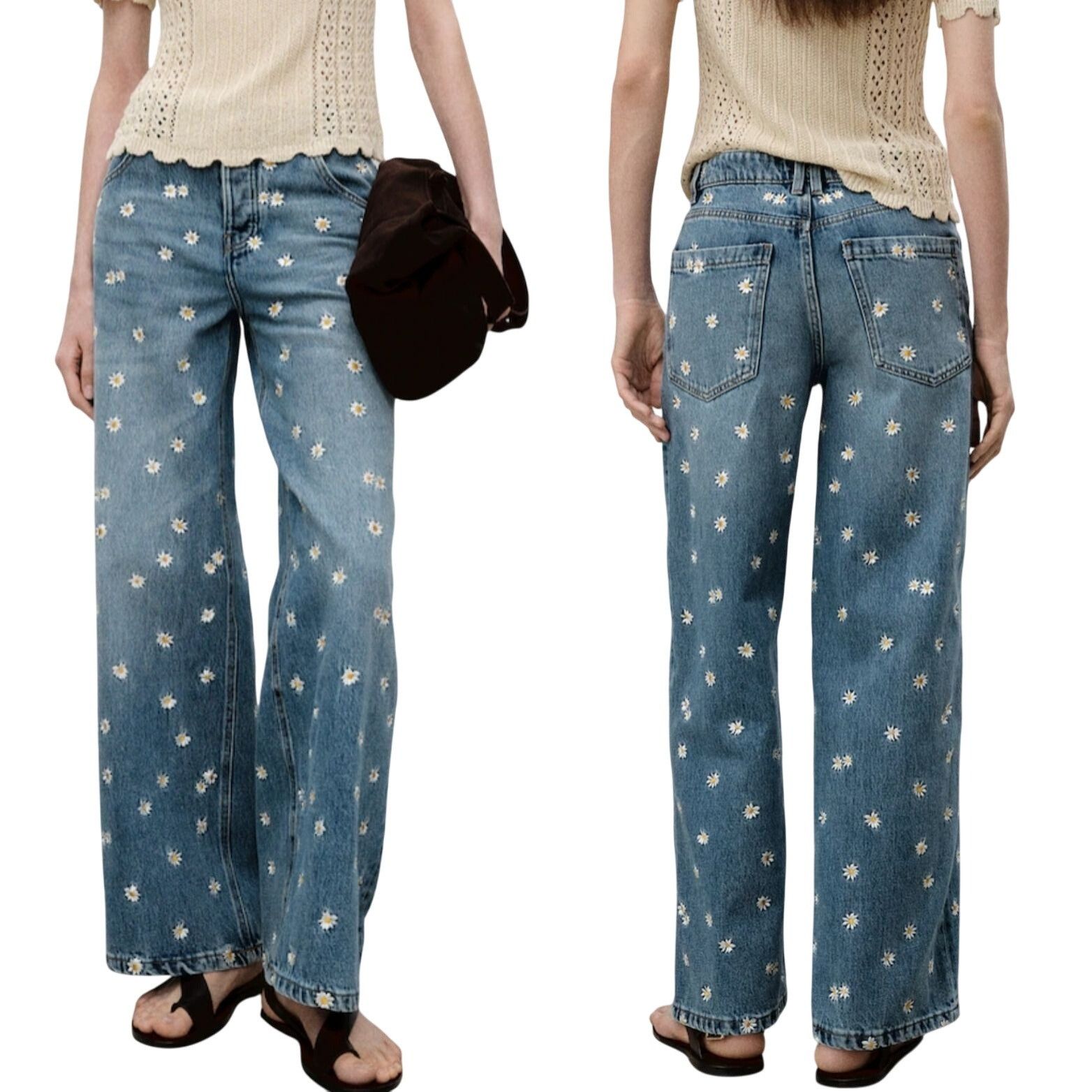 Designer MNG Denim Womens Floral Embroidered Wide-Leg Jeans EUR 40 US Size 30" / US 8 / IT 44 - 2 Thumbnail