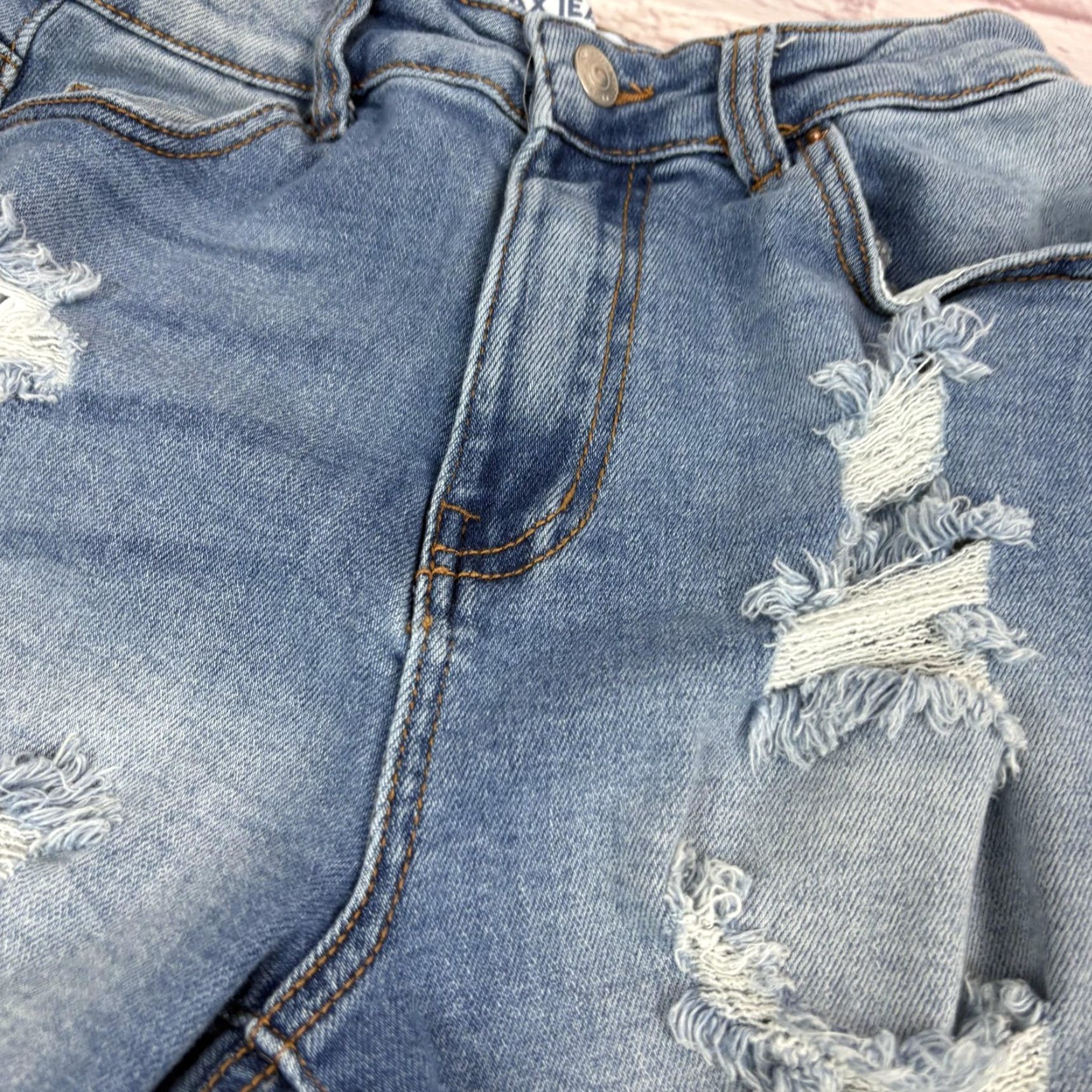 Denime Wax Jean Shorts Womens Small Blue Distressed Denim Cutoff Fringe Raw Hem Size 28" / US 6 / IT 42 - 2 Thumbnail