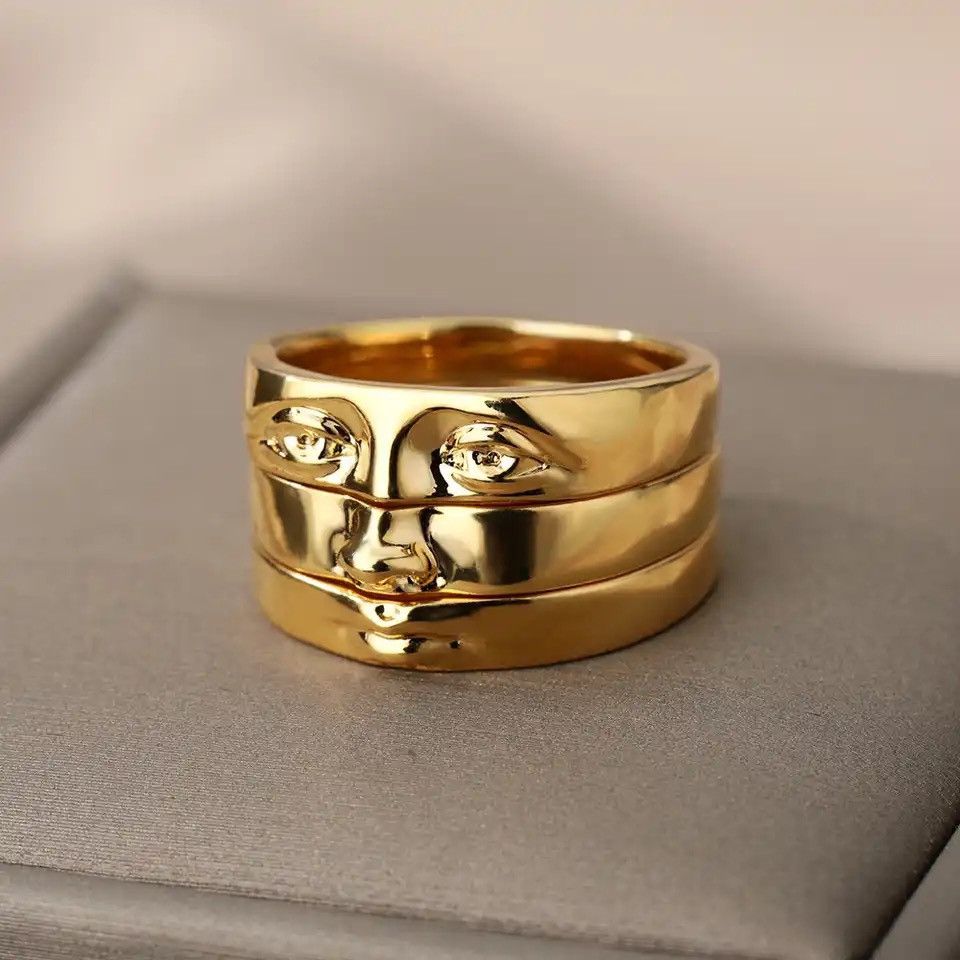 Jewelry Gold Color 3Pc/Set Face Stack Ring( Size 7/8/9) Size ONE SIZE - 1 Thumbnail