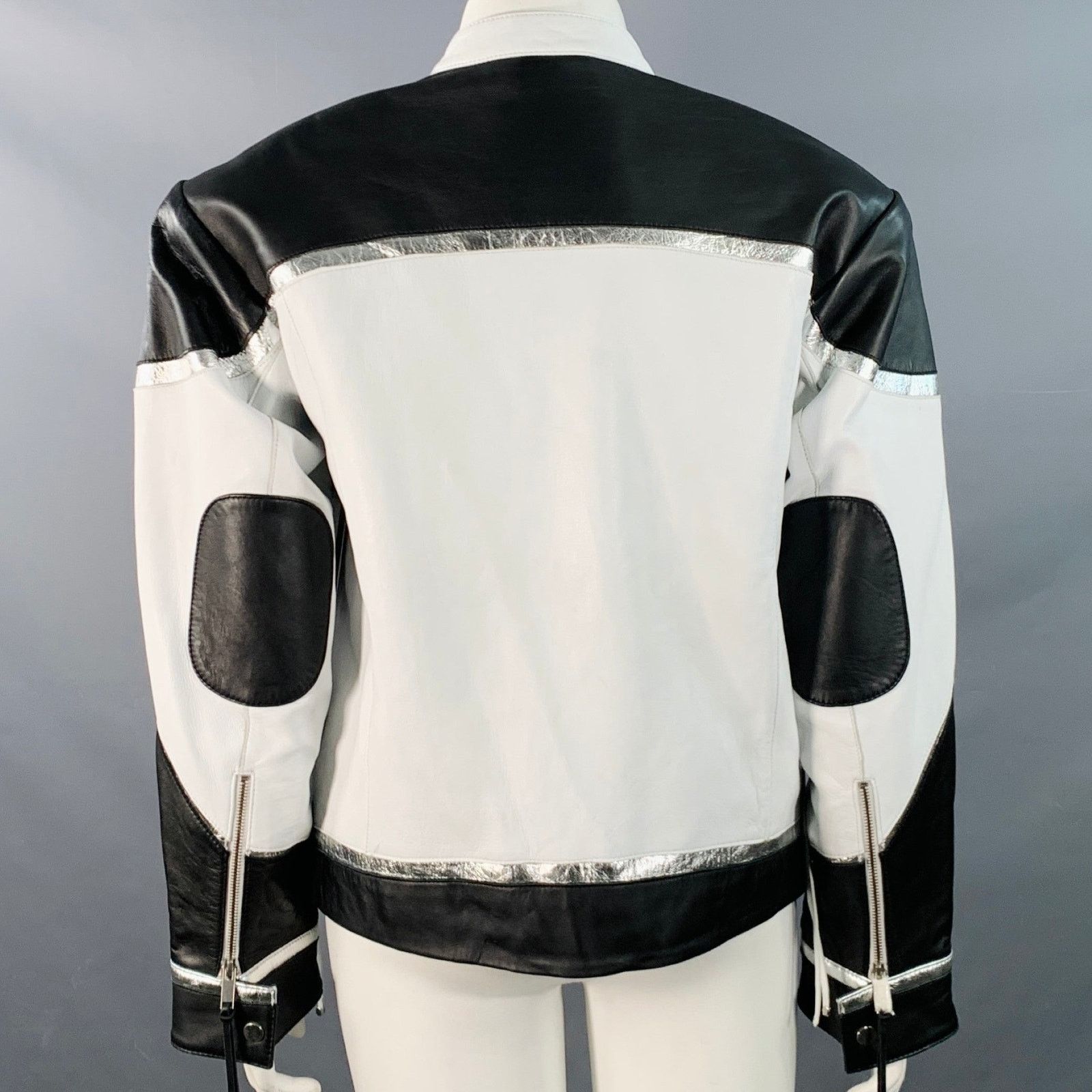 Retrofete L Black White Silver Leather Padded Shoulders Zip Up Jacket Size US L / EU 52-54 / 3 - 3 Thumbnail