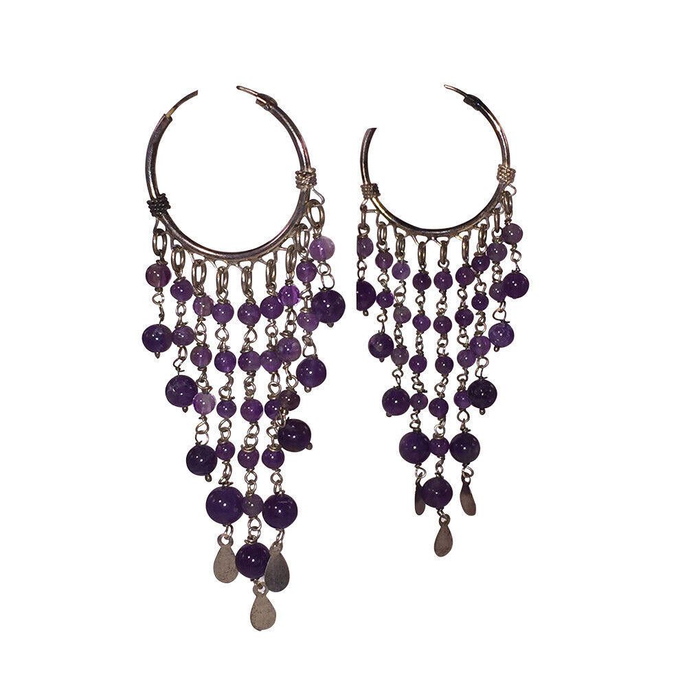 Handmade Sterling Silver Amethyst Bead Dangle Hoop Earrings Size ONE SIZE - 1 Thumbnail