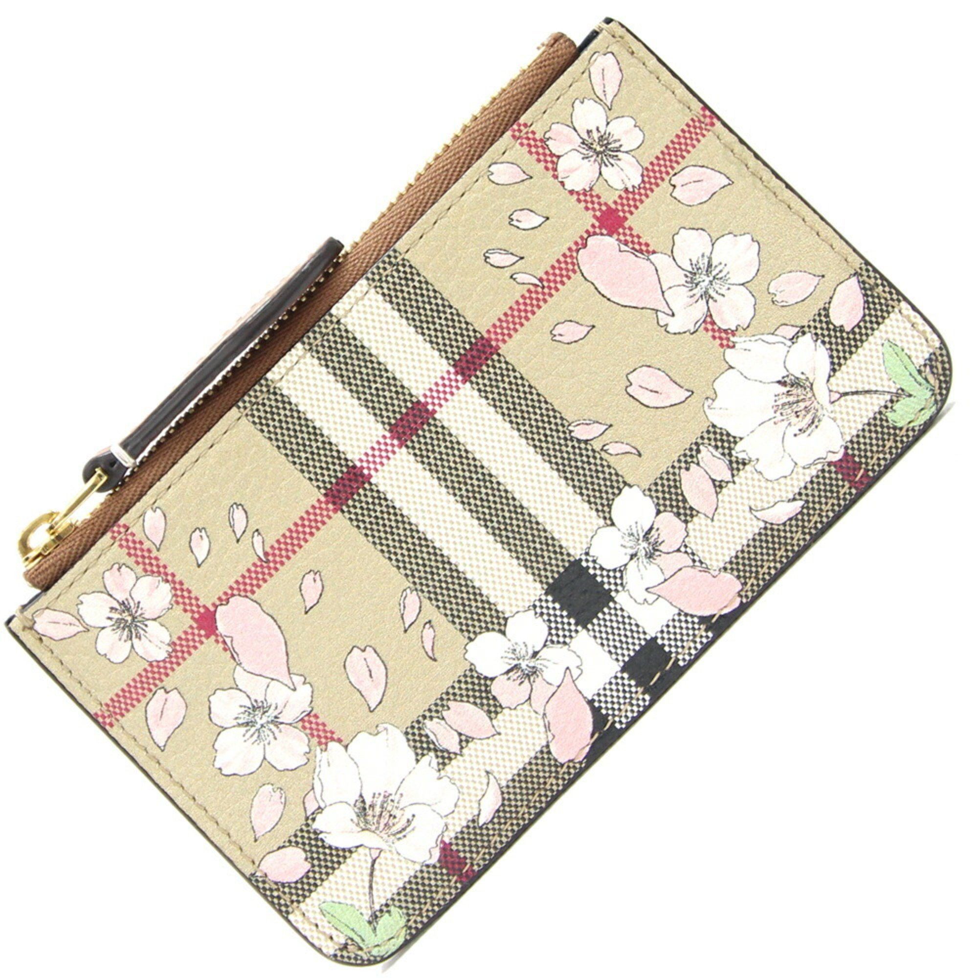 image of Burberry Coin Case 8067137 Beige Leather Purse Sakura Check Pattern Ladies Floral Blossom Burberry,