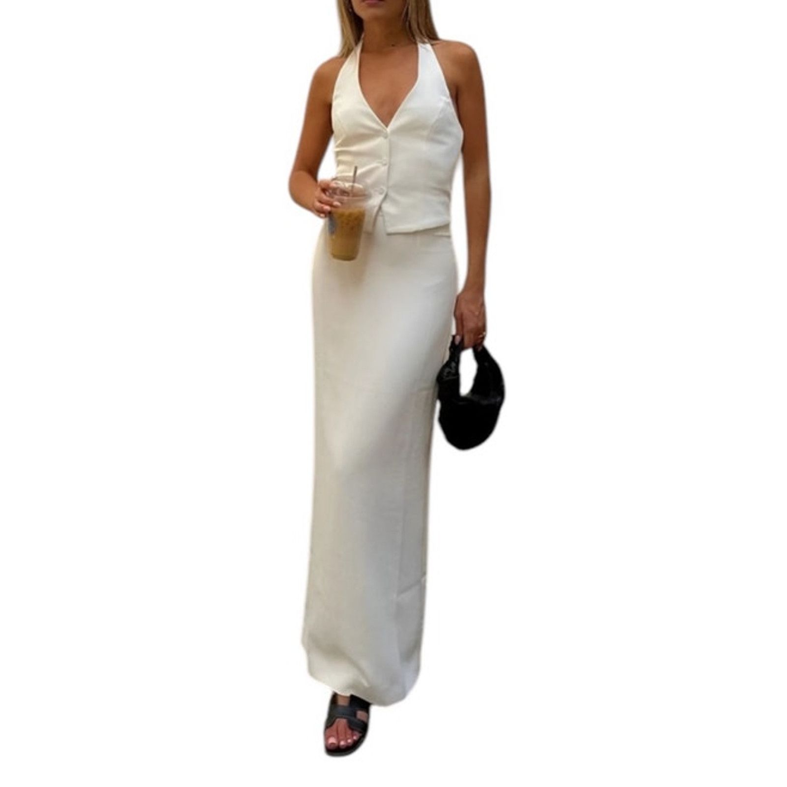 Other Commense V-Neck Backless Tie Up Halter Split Maxi Skirt Set Size 27" / US 4 / IT 40 - 6 Thumbnail
