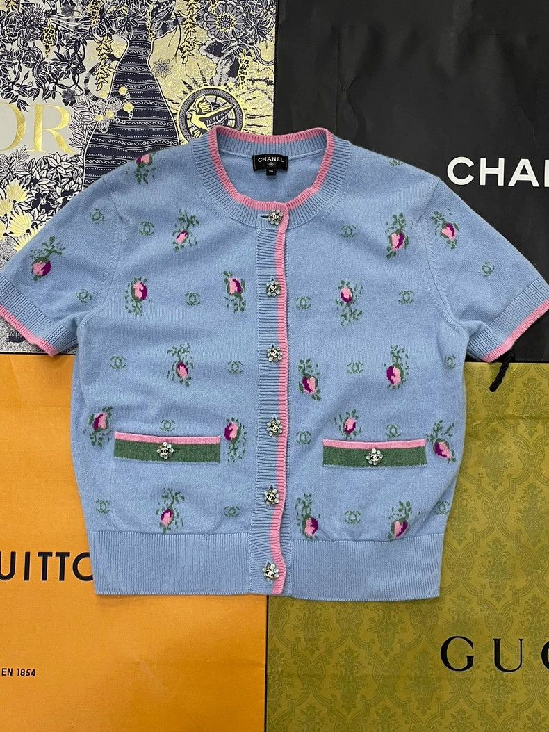 Chanel Blue Pink Floral Short Cardigan - dmc