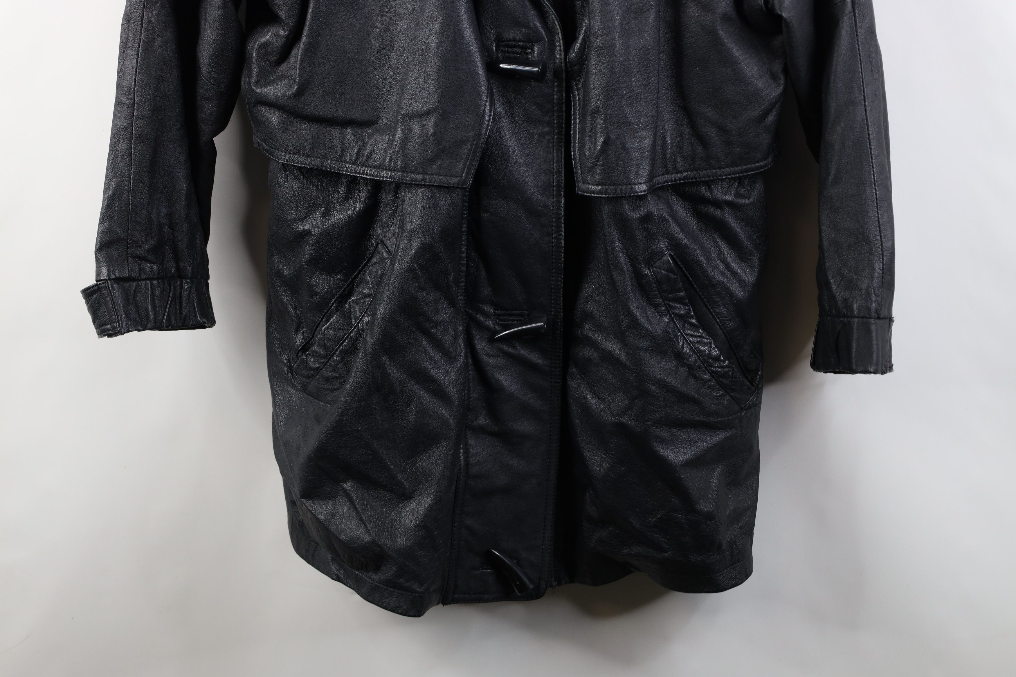 Vintage Vintage 90s Streetwear Hooded Toggle Button Leather Jacket Size M / US 6-8 / IT 42-44 - 3 Thumbnail