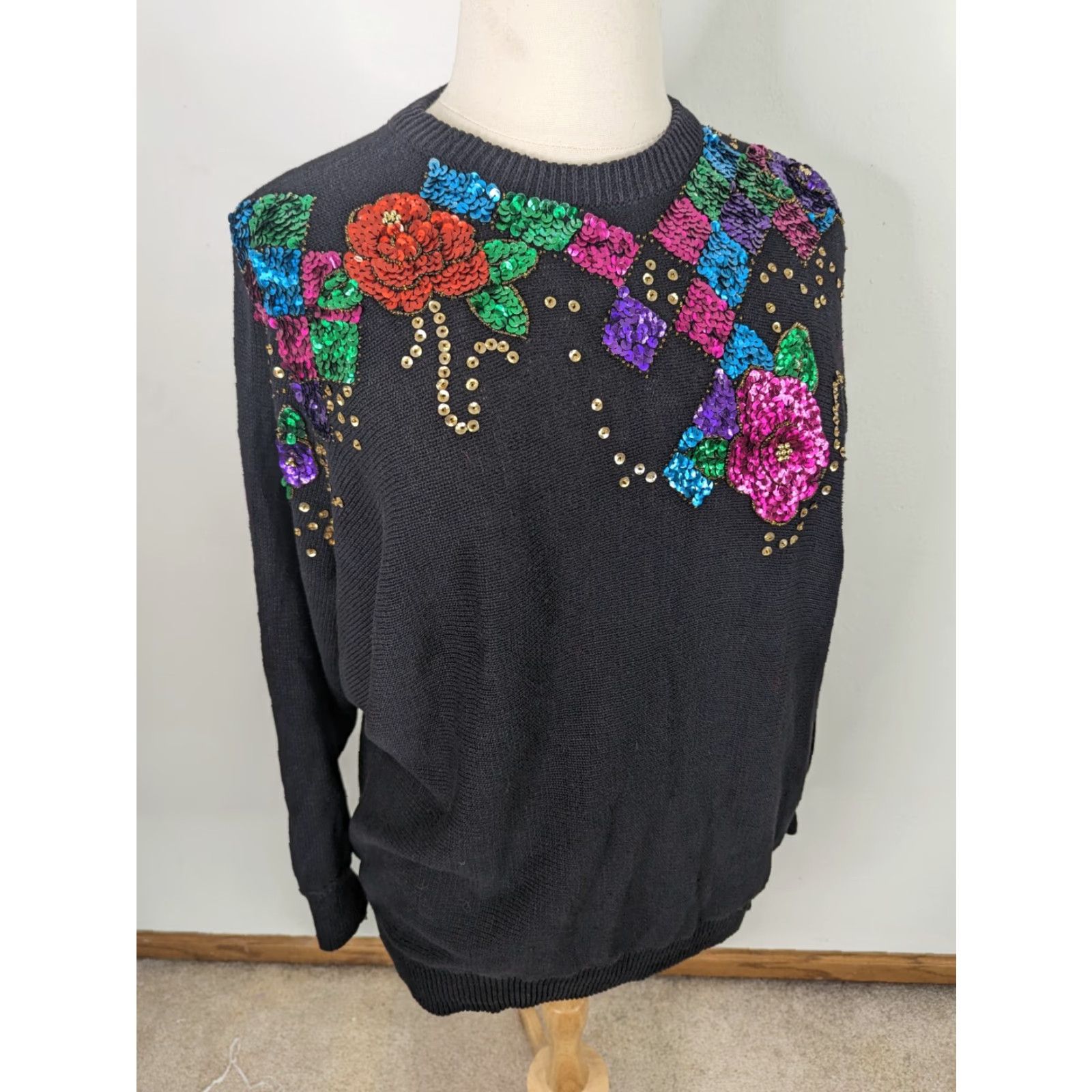 Noah VINTAGE NOAH Floral Sequin Black Oversized Relaxed Fit Sweater Womens XL Large S12 Cardigan 80s Theme Size L / US 10 / IT 46 - 2 Thumbnail