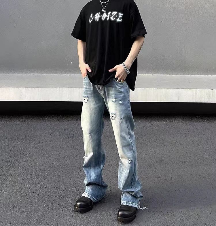 Japanese Brand Washed and aged street hip hop ripped wide leg jeans Size US 34 / EU 50 - 4 Thumbnail