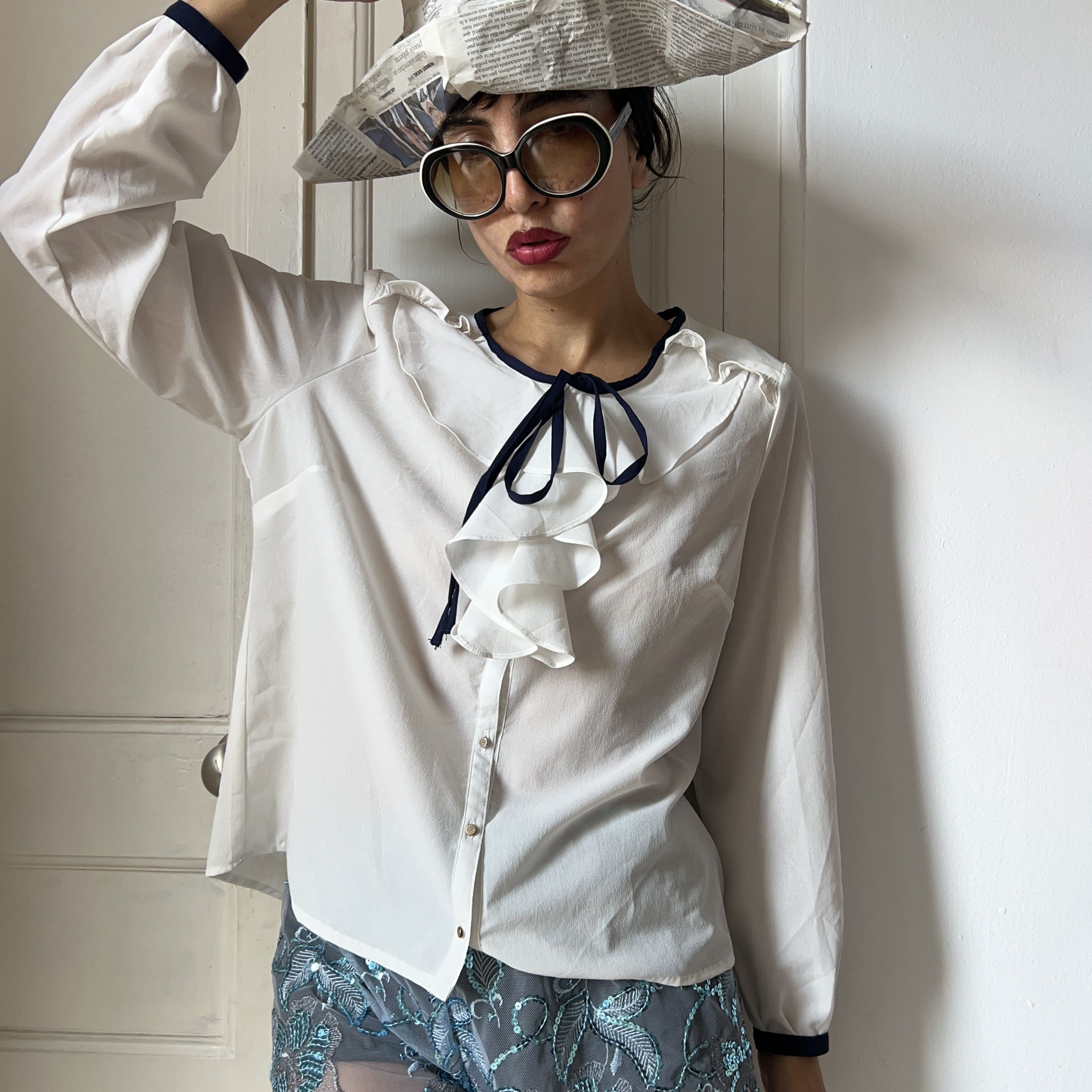 Vintage Vintage 70s Sailor Blouse ruffle neck Size L / US 10 / IT 46 - 4 Thumbnail