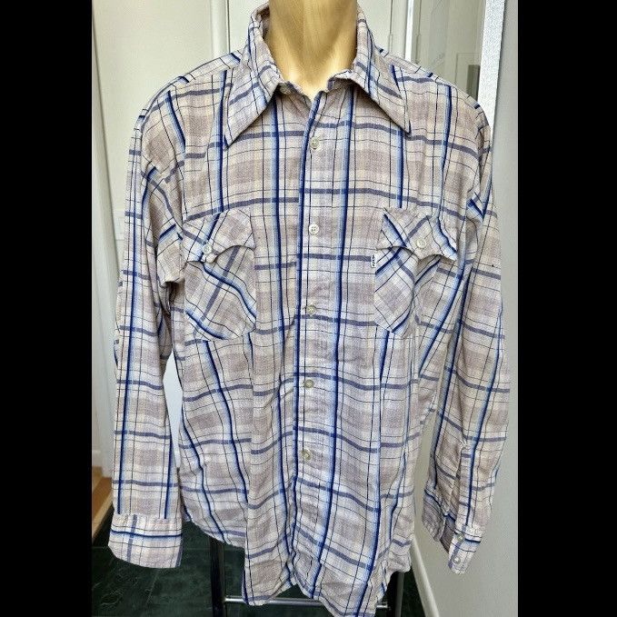 Levi's × Levi's Vintage Clothing × Vintage VINTAGE 1970s LEVI'S SHIRT BUTTON FRONT TAN BLUE PLAID XL Size US XL / EU 56 / 4 - 1 Thumbnail