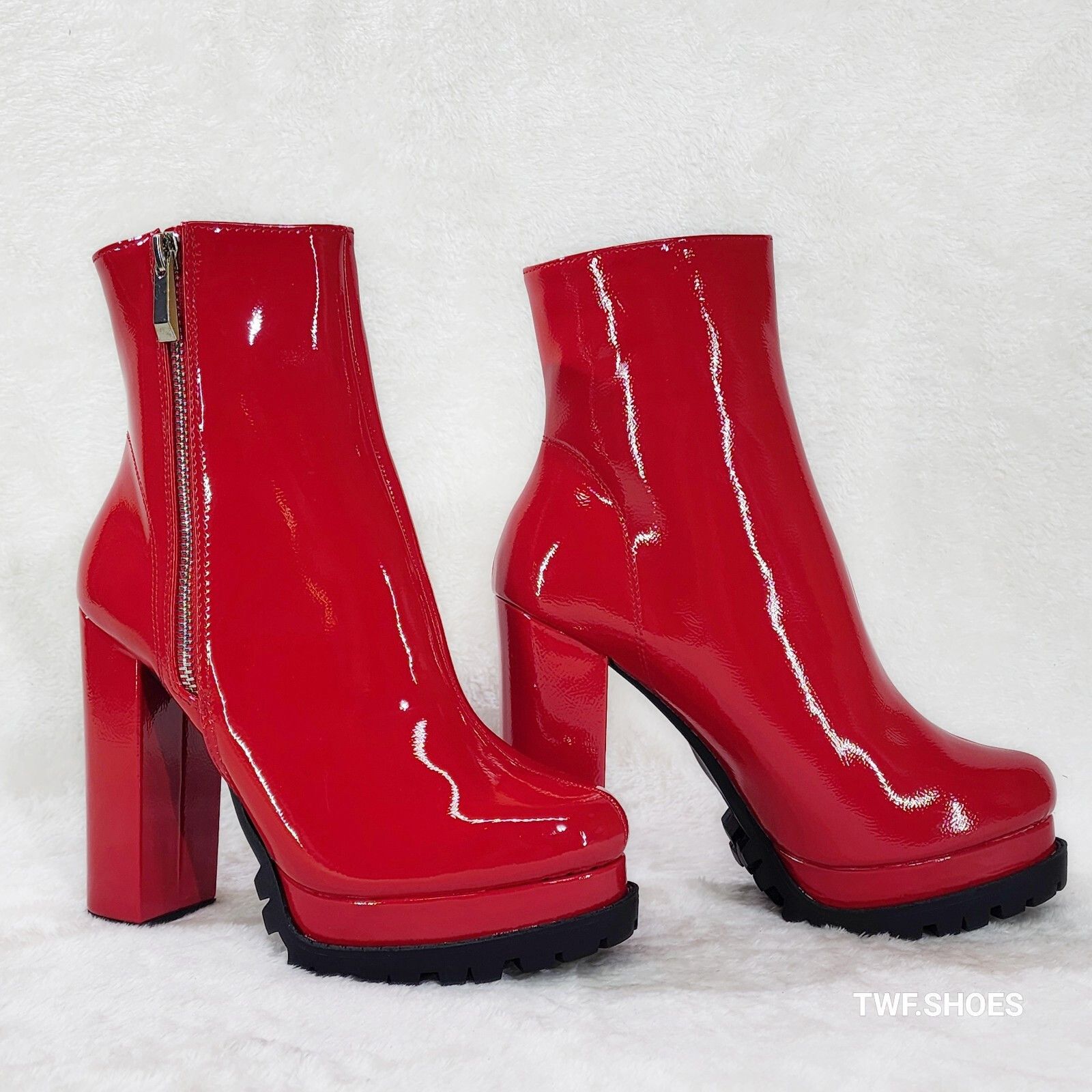 Other Wild Diva Vivian Red Patent Chunky Heel Platform Ankle Boots Size US 6.5 / IT 36.5 - 5 Thumbnail