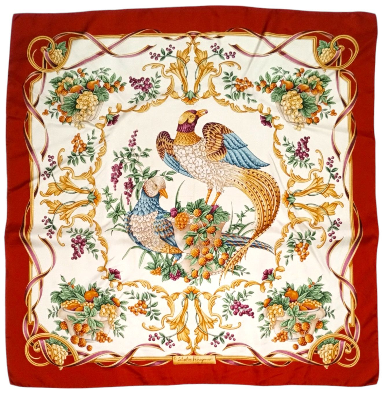 SALVATORE FERRAGAMO Italy Bird Holiday Theme Silk Scarf