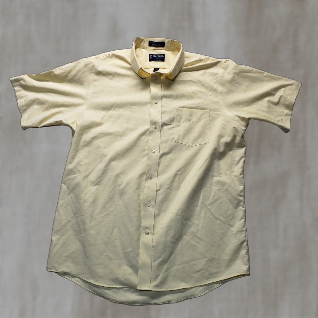 Stafford Stafford Shirt Button-Up Solid Yellow Short Sleeve Adult Mens Size 17 Size US XL / EU 56 / 4 - 1 Thumbnail