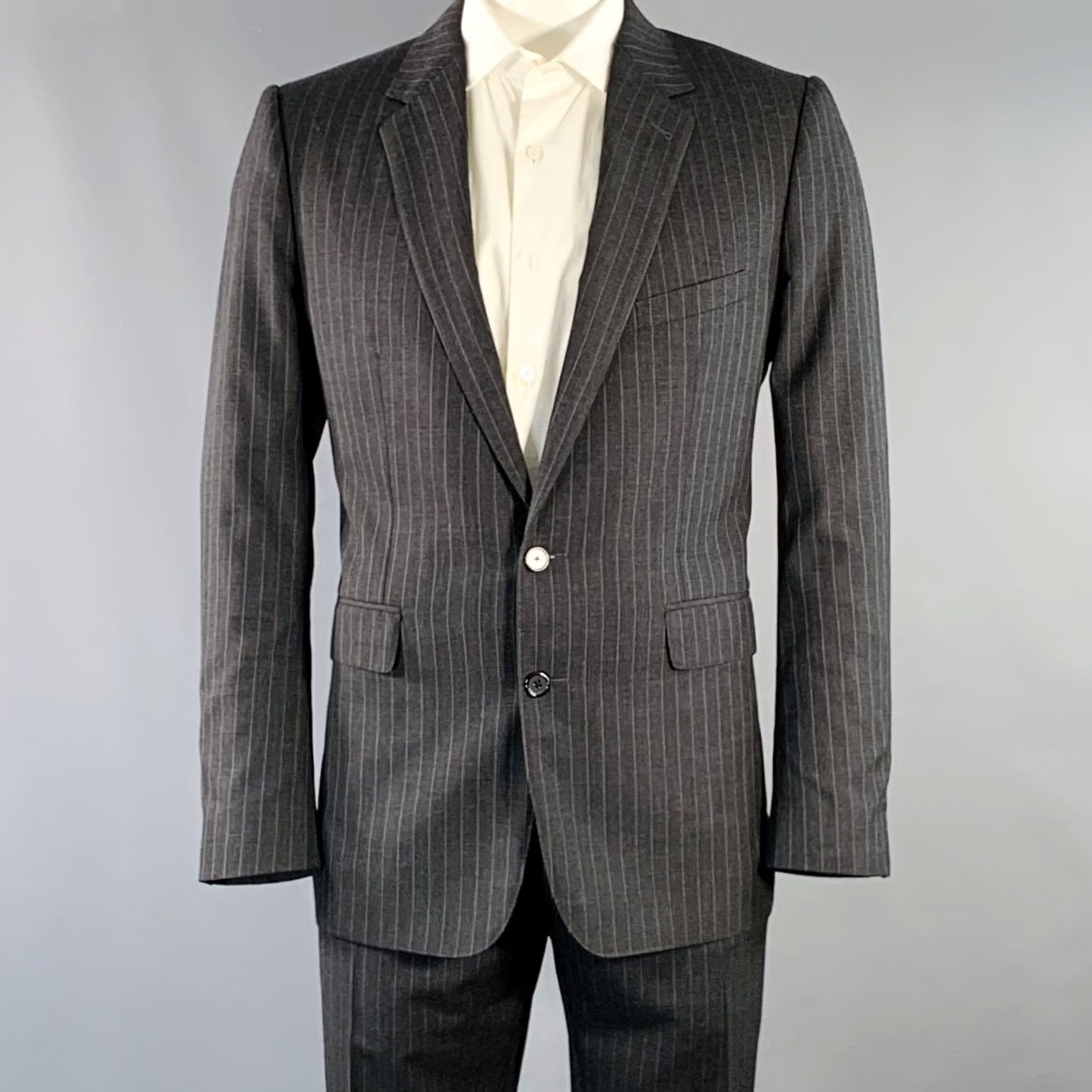 Celine CELINE Size 44 Regular Grey Charcoal Stripe Wool Polyester Suit Size 44R - 2 Thumbnail