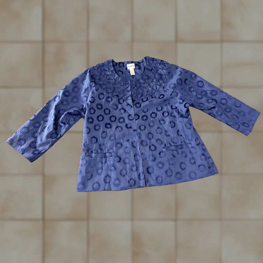 Vintage Chicos Jacket Womens 2 Blue Polka Dot Collarless Pleated Neck Lined Jacquard Size XS / US 0-2 / IT 36-38 - 1 Thumbnail