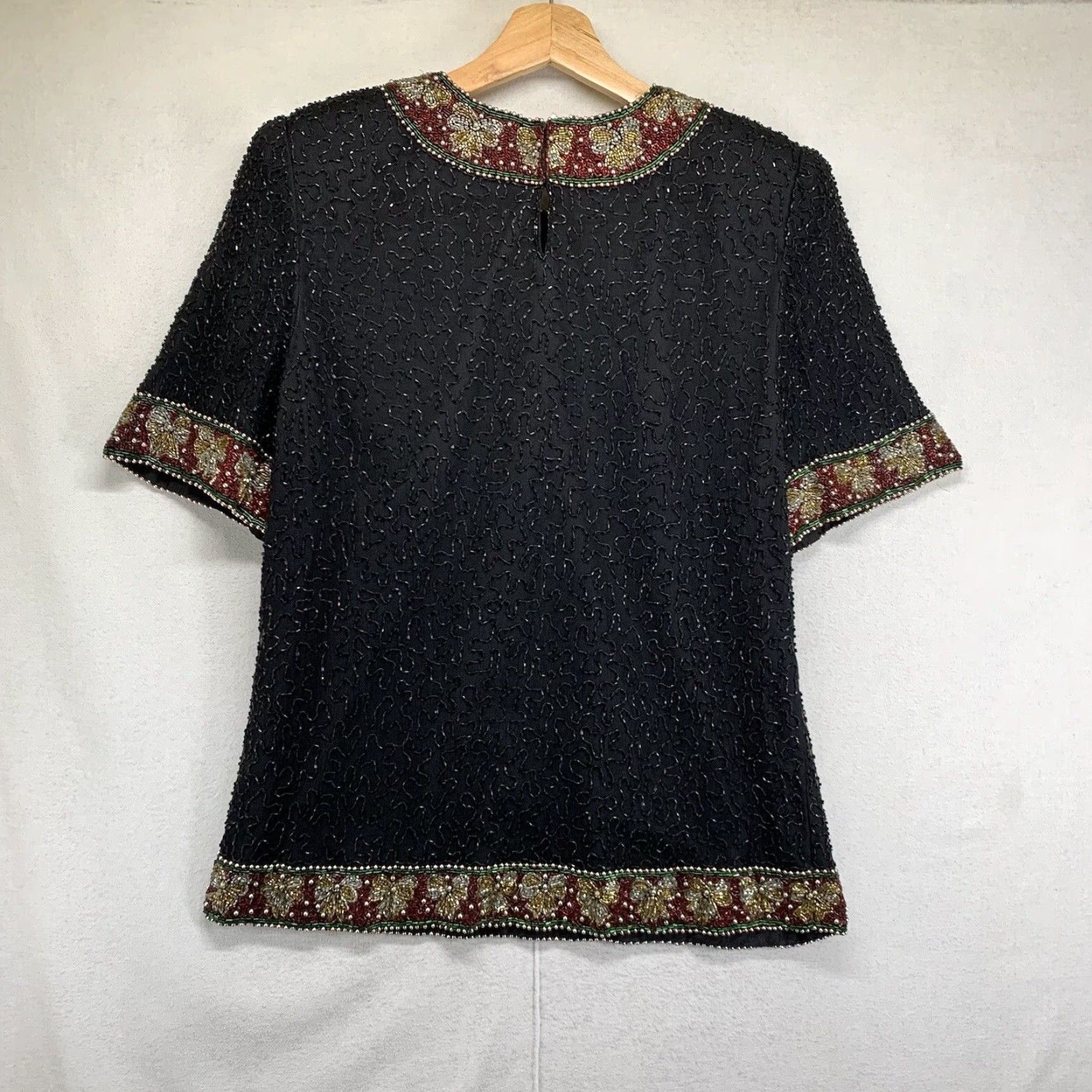 Vintage VINTAGE Laurence Kazar Women's Blouse Short Sleeve Silk Black Beaded Sequin 80s 90s Formal Party Size M / US 6-8 / IT 42-44 - 3 Thumbnail