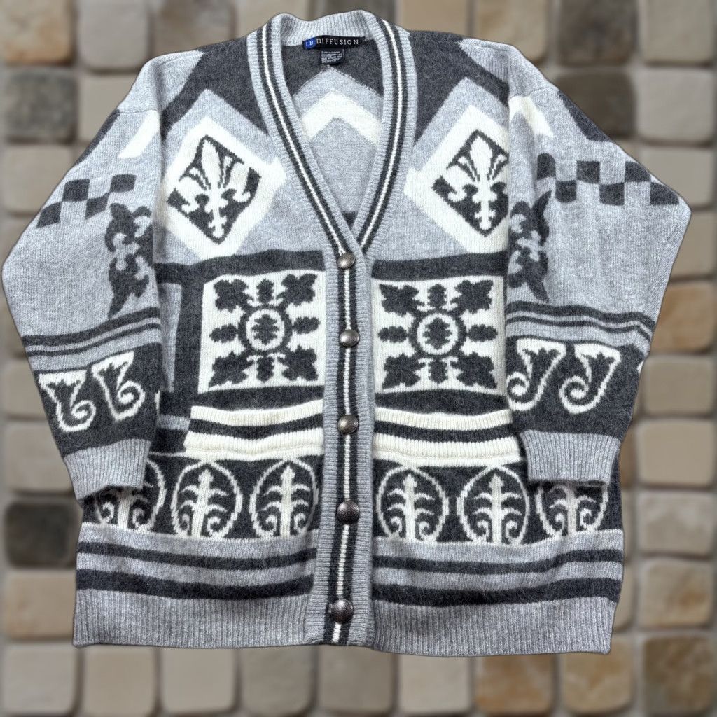 Vintage VINTAGE IB Diffusion Cardigan Sweater Womens L Gray Geometric 1991 Rabbit Hair Size L / US 10 / IT 46 - 1 Thumbnail