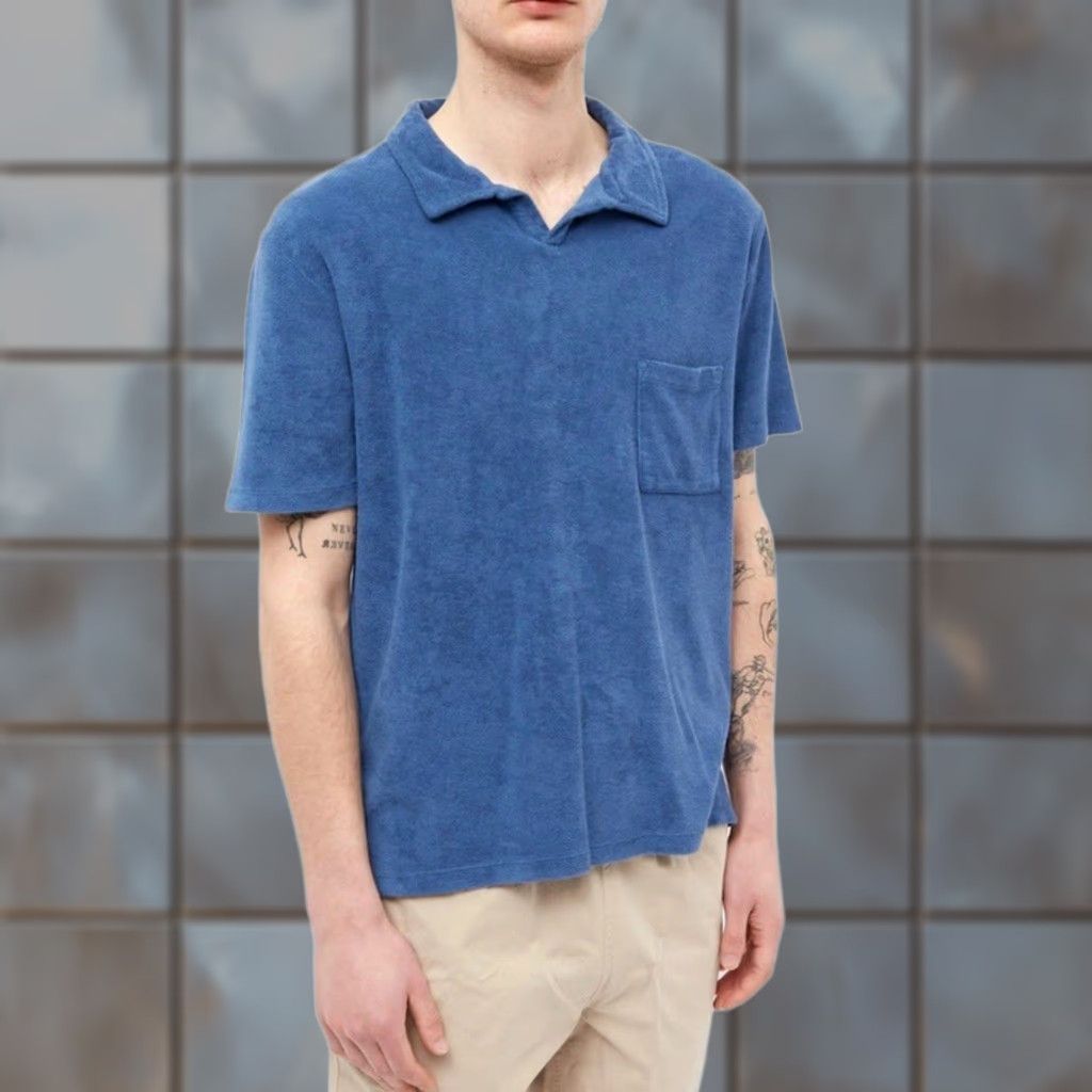 Universal Works VINTAGE Universal Works Polo Shirt XL Men Blue Open Collar Terry Fleece S/S Vacation University Theme Mens Size US XL / EU 56 / 4 - 1 Thumbnail