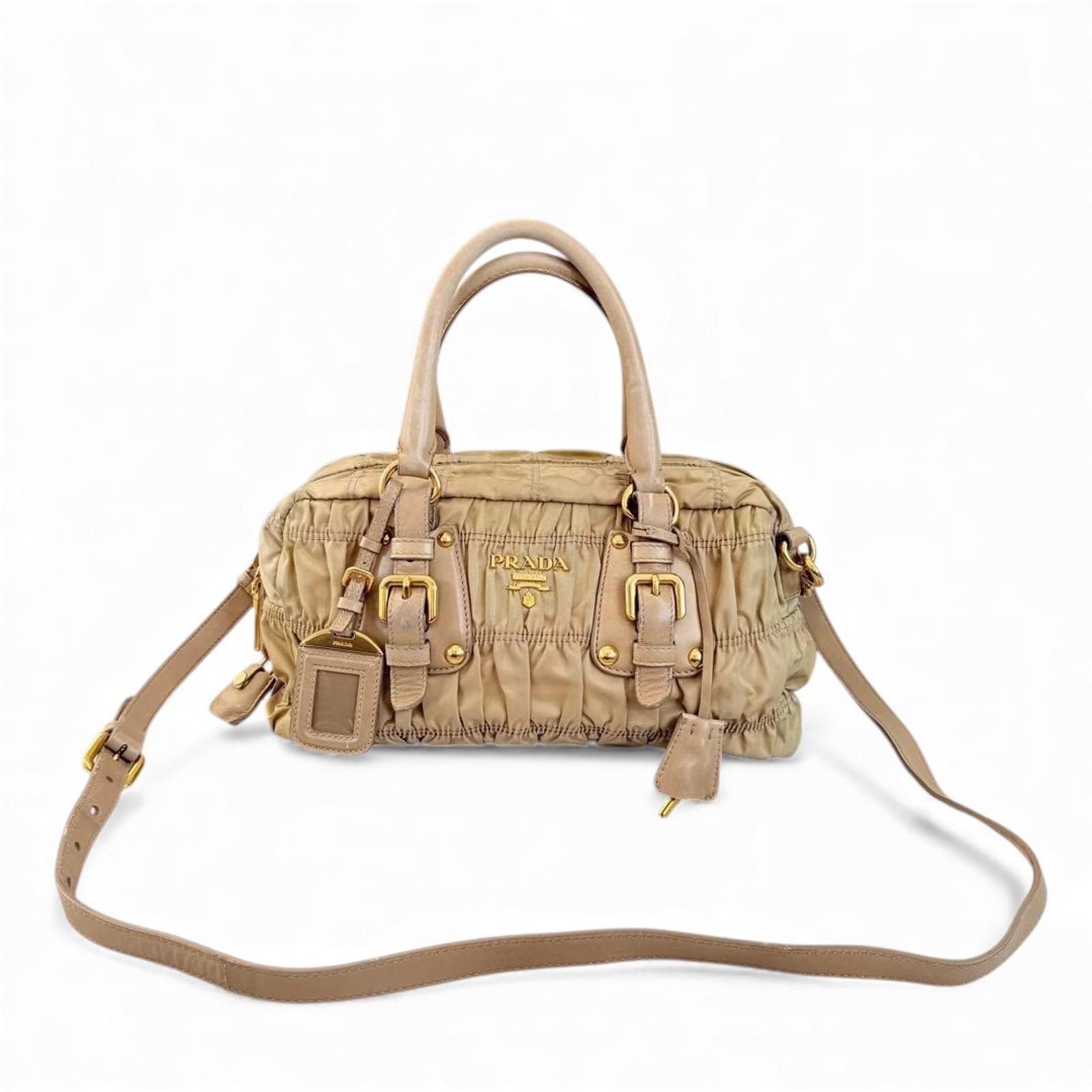 Prada Prada - Beige Ruched Leather Handbag Gold Hardware Size ONE SIZE - 2 Thumbnail