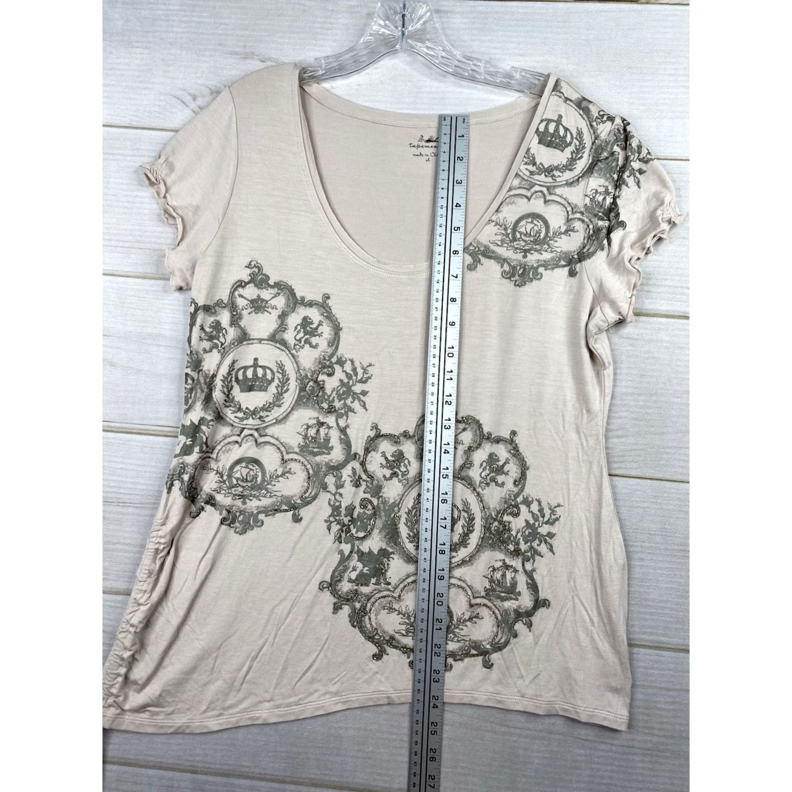 Vintage Tape Measure T Shirt Women XL Beaded Queen Crown Vintage Cinched Beige Size XL / US 12-14 / IT 48-50 - 6 Thumbnail