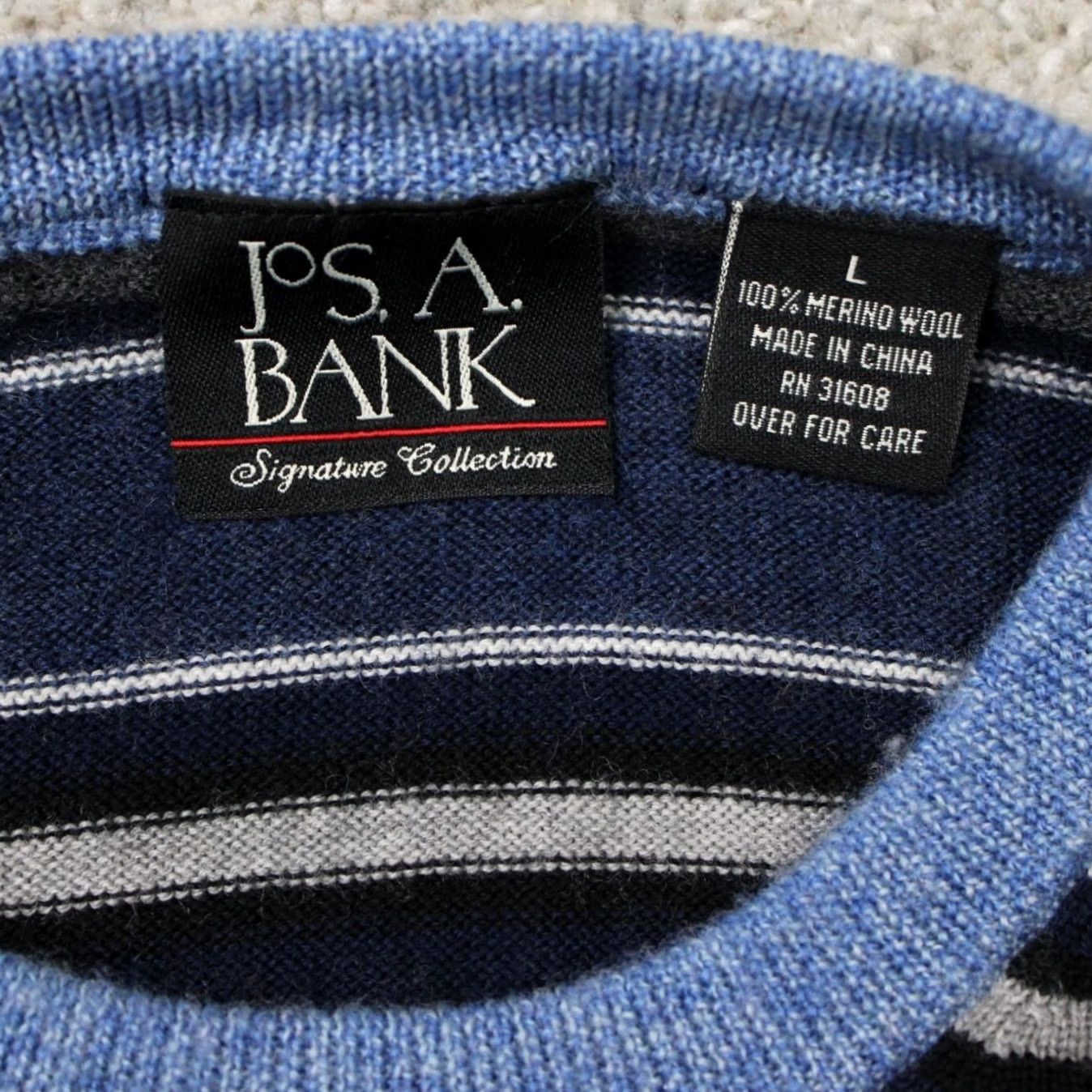 Jos. A. Bank Jos. A. Bank Sweater Men Large Blue Striped 100% Merino Wool Crewneck L/S Pullover Size US L / EU 52-54 / 3 - 5 Thumbnail
