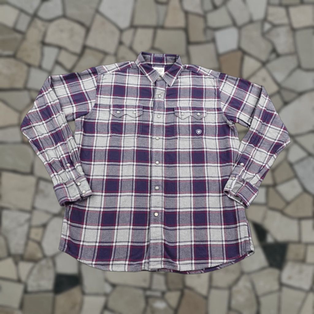 Ariat Shirt Large Gray Blue Plaid Flannel Retro Fit Sawtooth Pearl Snap Western