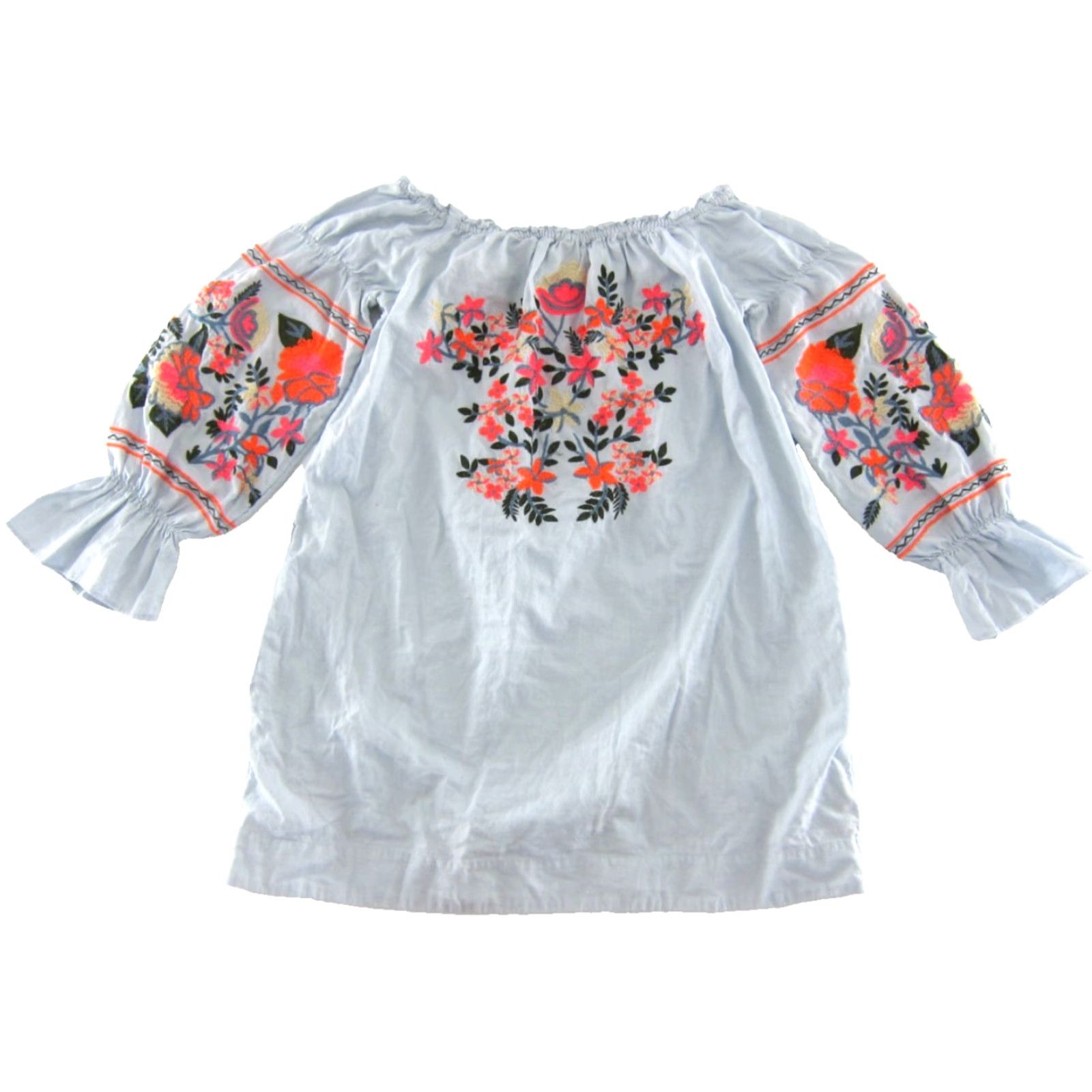 Free People Free People Blouse Shirt S Womens Off Shoulder Blue Floral Cotton Embroidered Pockets 3/4 Sleeve Bohemian 90s Style Size S / US 4 / IT 40 - 2 Thumbnail