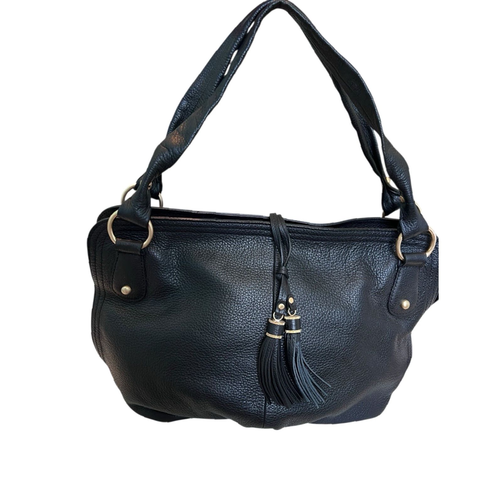 Talbots VINTAGE Talbots Black Leather Pebbled Hobo Shoulder Bag Purse Tassels Brass Hardware Bag Size ONE SIZE - 2 Thumbnail