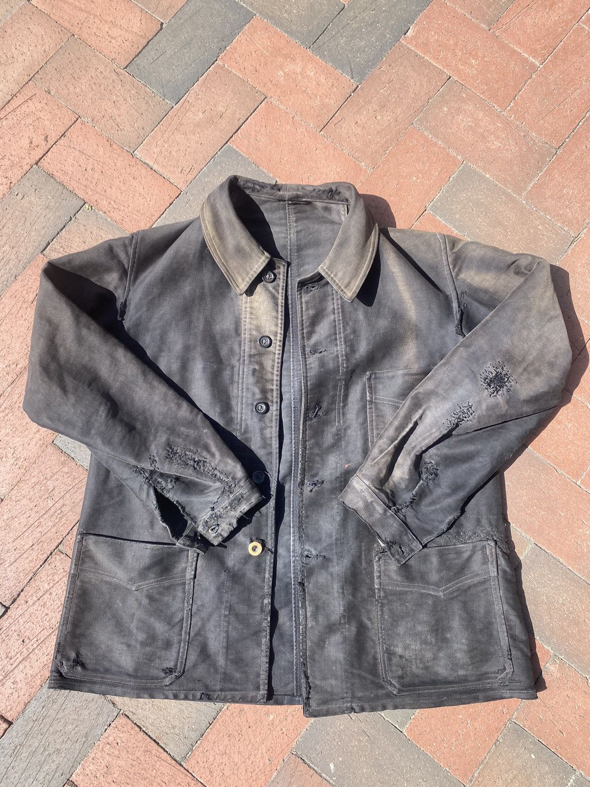 Vintage French Moleskin Chore Jacket Workwear Distressed Sun Faded