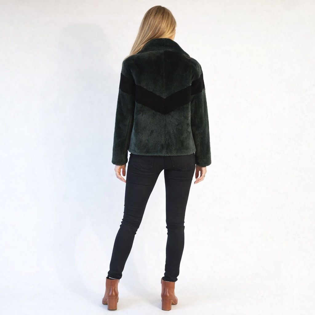 Sandro Sandro Shearling & Leather Zip Jacket Black & Green Chevron Size M / US 6-8 / IT 42-44 - 18 Thumbnail
