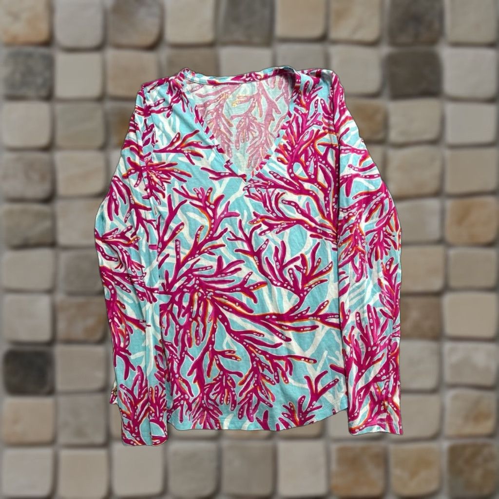 Lilly Pulitzer Lilly Pulitzer Blouse Womens Small Multicolor Pima Cotton Coral Reef V-Neck Short? Size S / US 4 / IT 40 - 1 Thumbnail