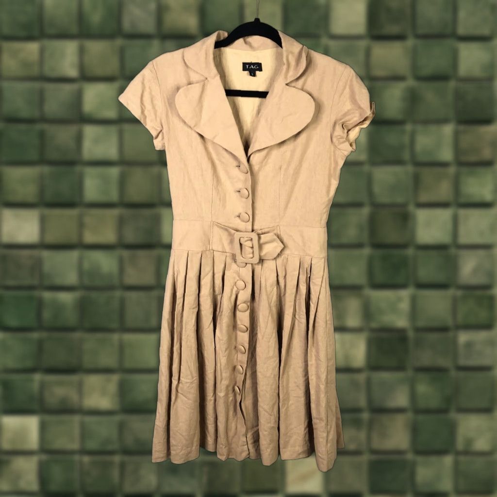 Vintage T.A.G Dress Women S Beige Linen Button Front Pleated Belted Fit Flare Pinup Shirt Dress Size S / US 4 / IT 40 - 1 Thumbnail