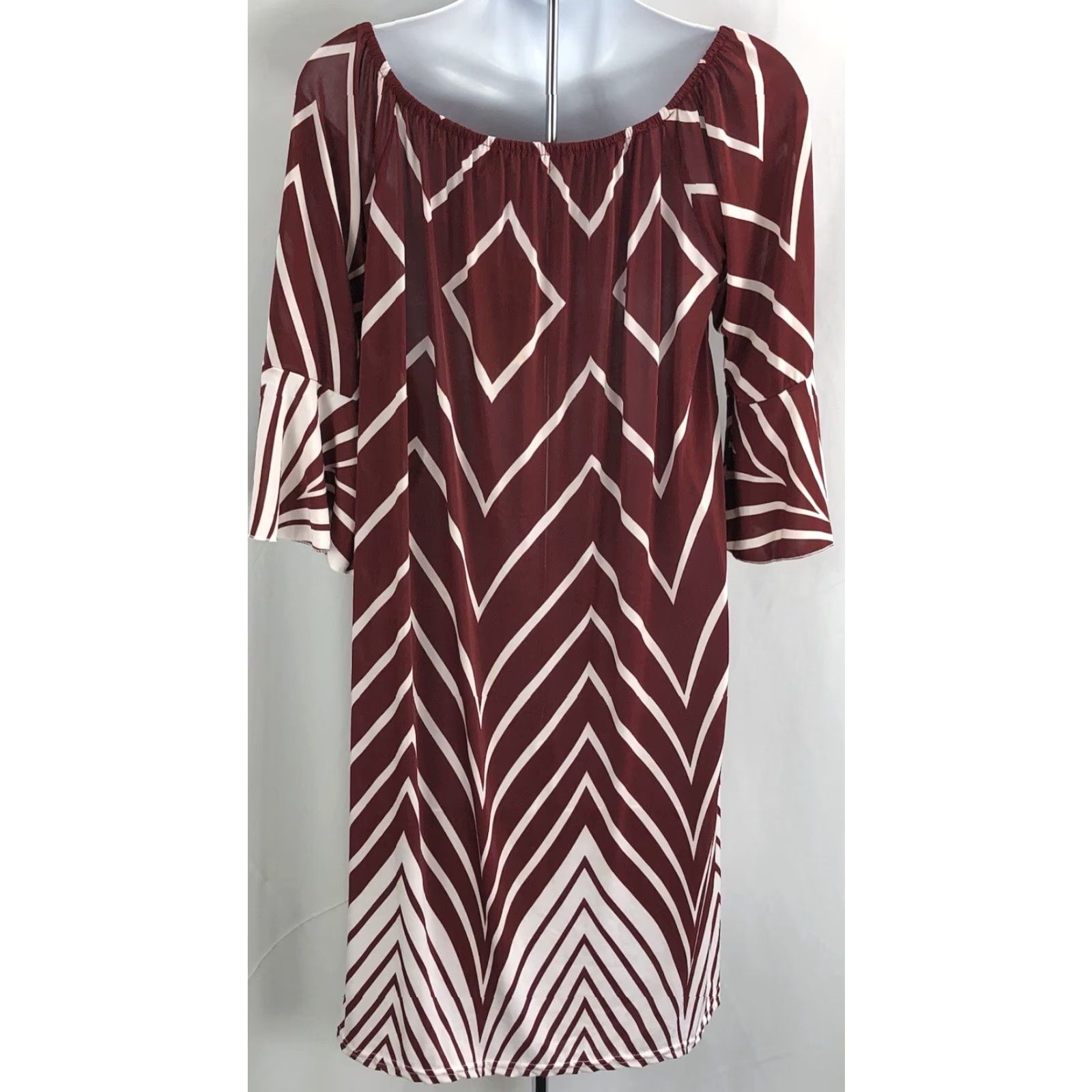 Vintage Ace Fashions Silky Shift Dress L Brown Geo 1/2 Flutter Sleeve KneeLength NWT Casual Workwear Bohemian City Modern Womens Size L / US 10 / IT 46 - 3 Thumbnail