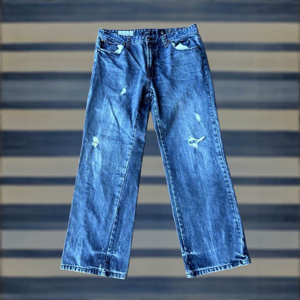 Marcs VINTAGE Marc Ecko Jeans 36x30 Regular 5-Pocket Denim Blue Cotton Embroidered Button Zip Distressed Stains Wide-Leg Men’s Clothing Size US 36 / EU 52 - 1 Thumbnail