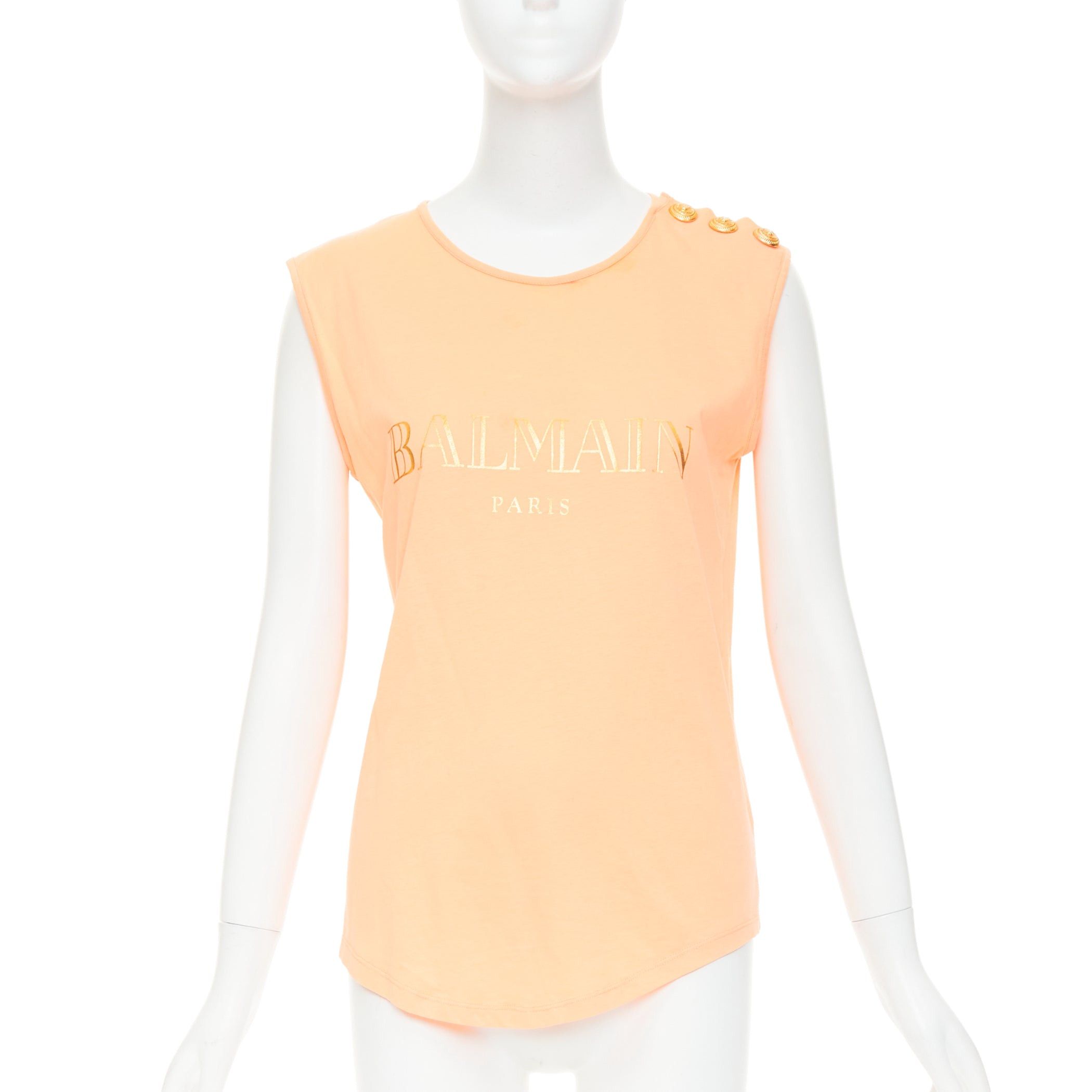 Balmain BALMAIN peach pink gold foil logo buttons shoulder sleeveless tshirt FR36 S Size S / US 4 / IT 40 - 1 Thumbnail