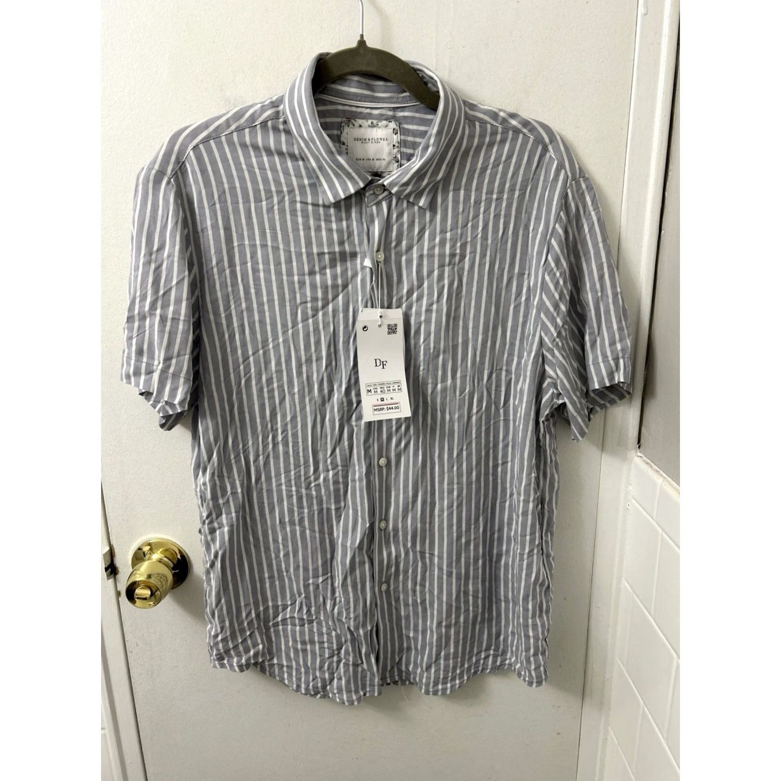 Denime Denim & Flower Ricky Singh Shirt Mens M Grey White Striped Viscose Short Sleeve NWT Button-Up Casual Beach Summer 90s? Size US M / EU 48-50 / 2 - 2 Thumbnail