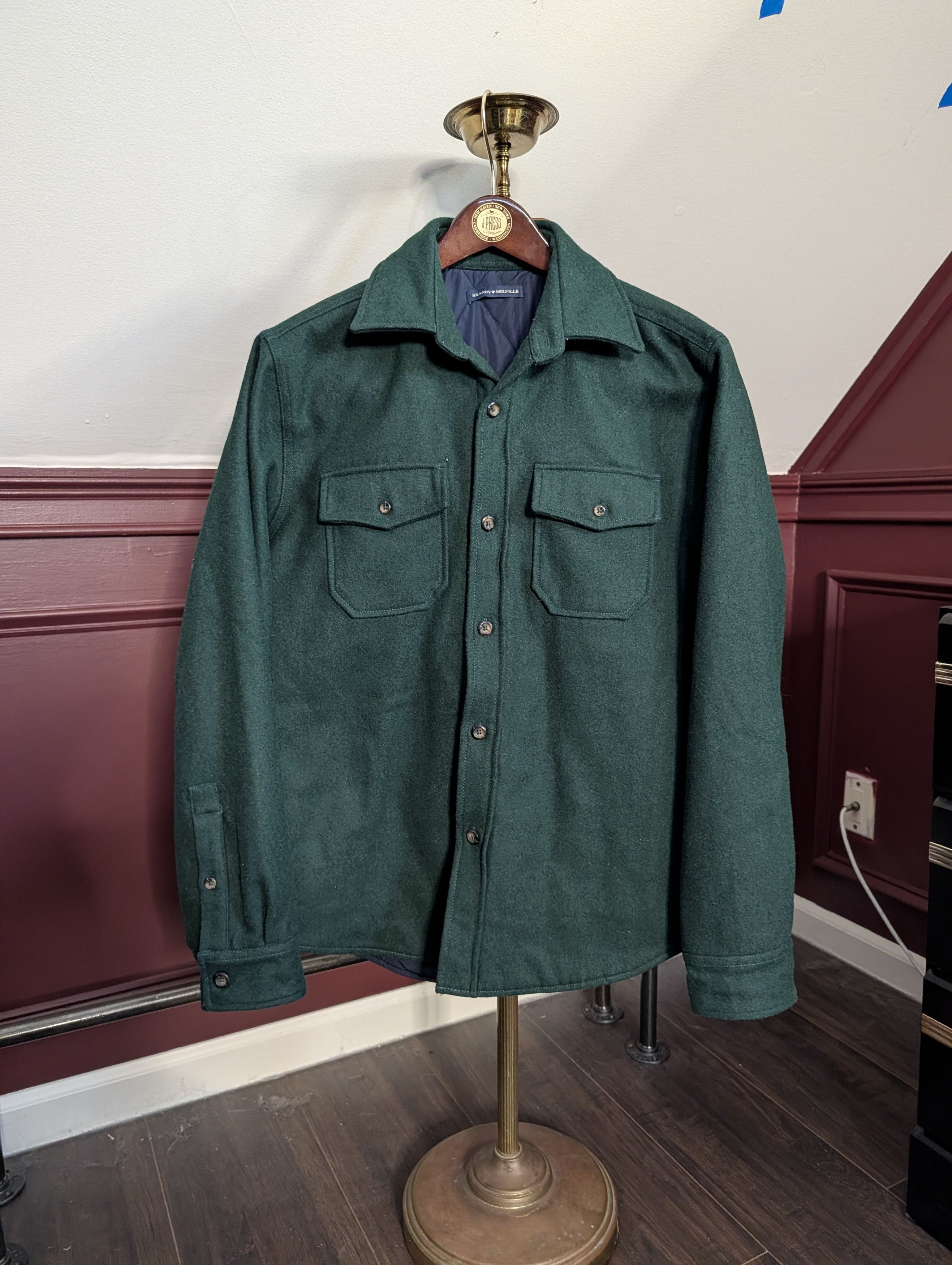 Brandy Melville Green wool quilted lining boyfriend fit short jacket Size ONE SIZE - 1 Thumbnail