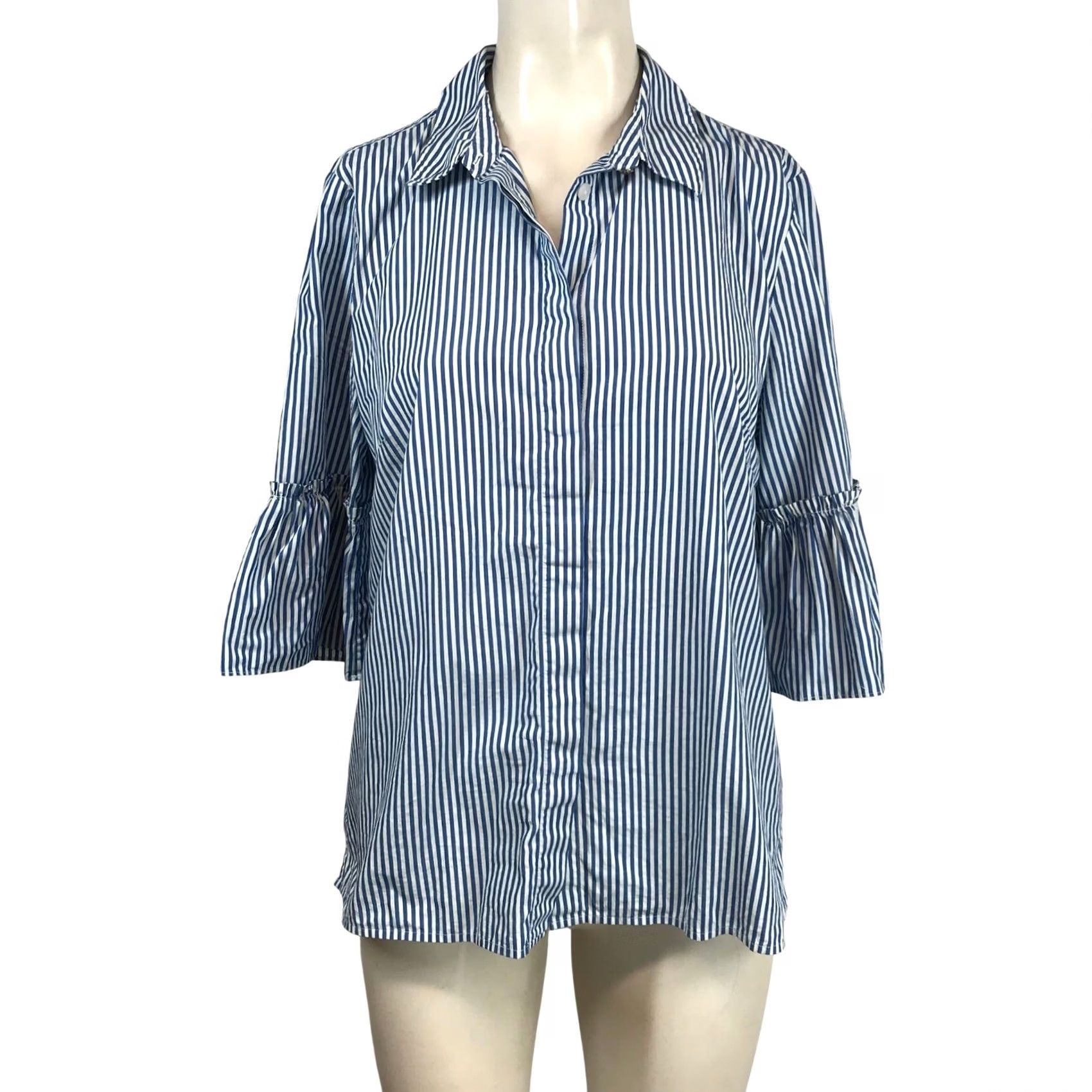 Vintage Draper James Button-Down Shirt Striped Blue White Bell Sleeve Ruffle 100% Cotton 12 Womens Size XL / US 12-14 / IT 48-50 - 2 Thumbnail
