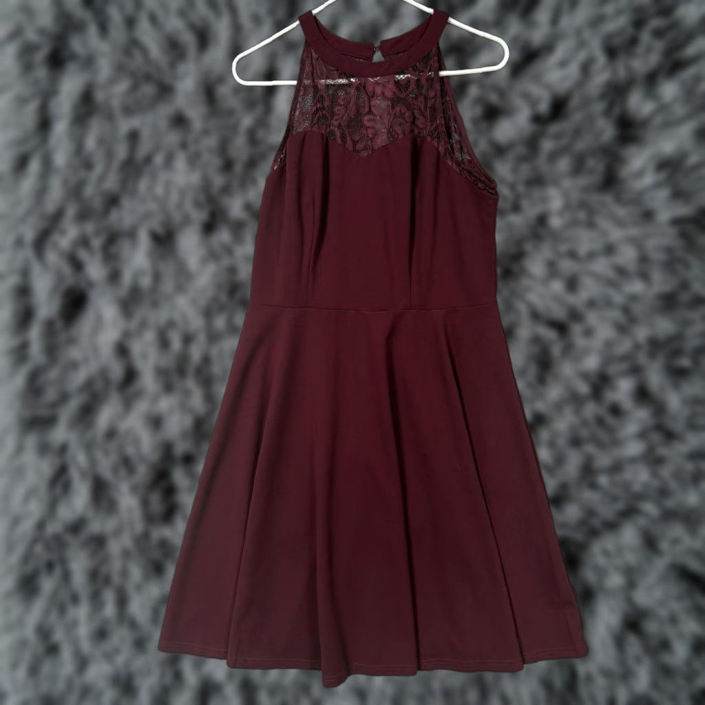 Vintage Bbonlinedress Dress XL Maroon Lace Halter Sleeveless Fit & Flare Knee Length Women Party/Cocktail Vintage No (omit N/A) Size XL / US 12-14 / IT 48-50 - 1 Thumbnail