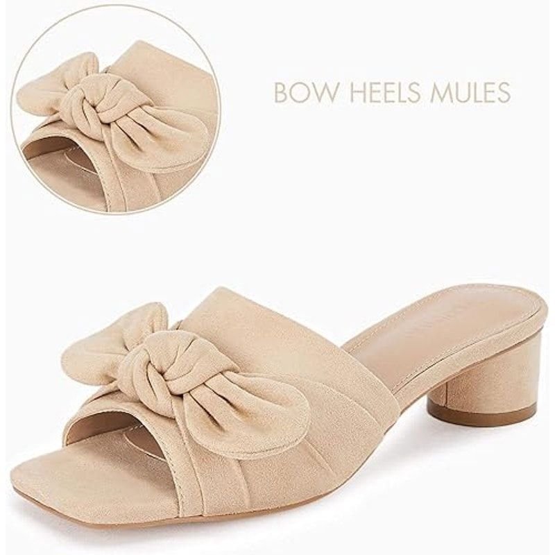 Other Coutgo Women's Size 11 Tan Faux Suede Bow Block Heel Sandals Size US 11 / IT 41 - 3 Thumbnail