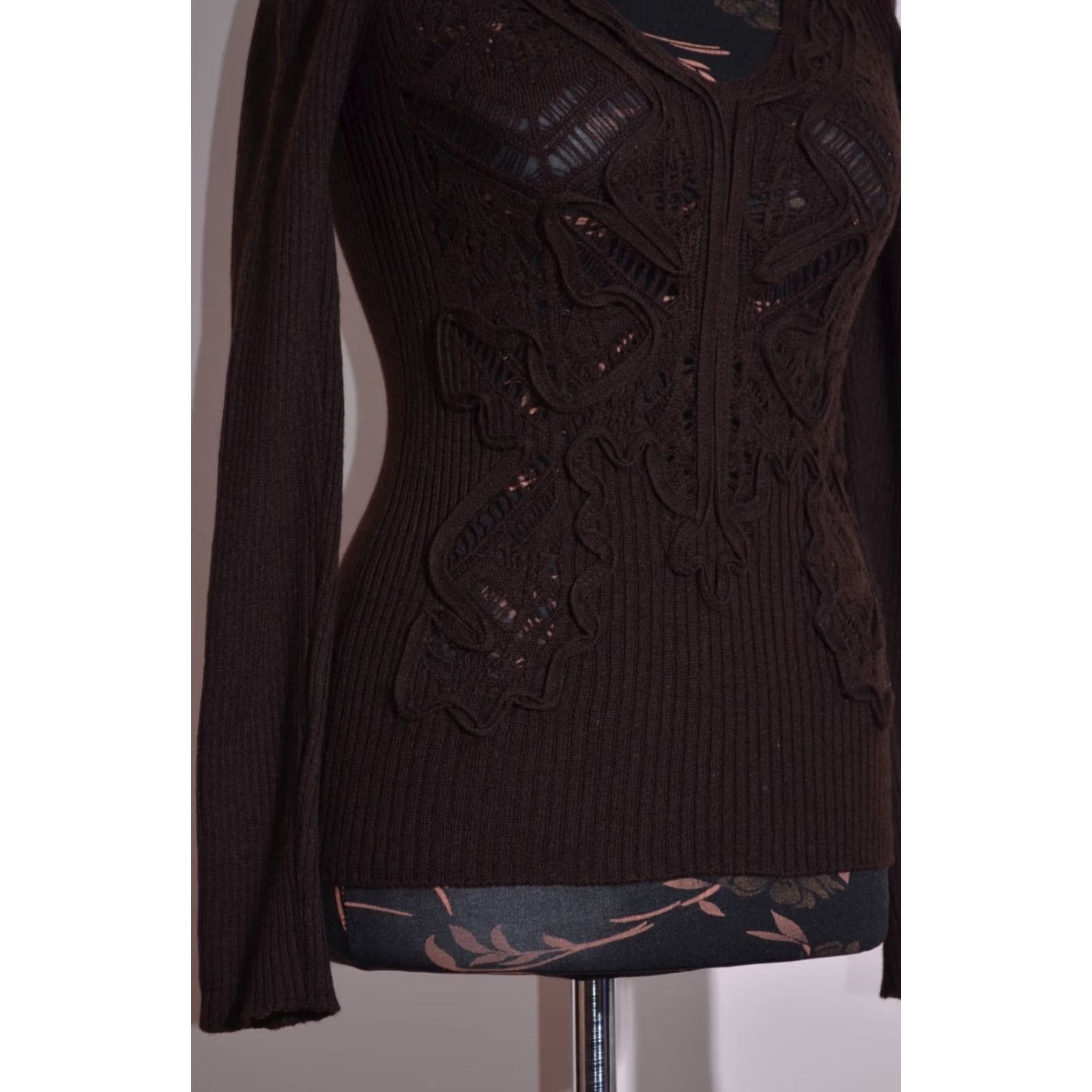 Vintage Angelo Marani Jumper Womens Brown Merino Wool Knit V-Neck Size S Pullover Designer Casual/Party/Cocktail Knitwear Size S / US 4 / IT 40 - 3 Thumbnail